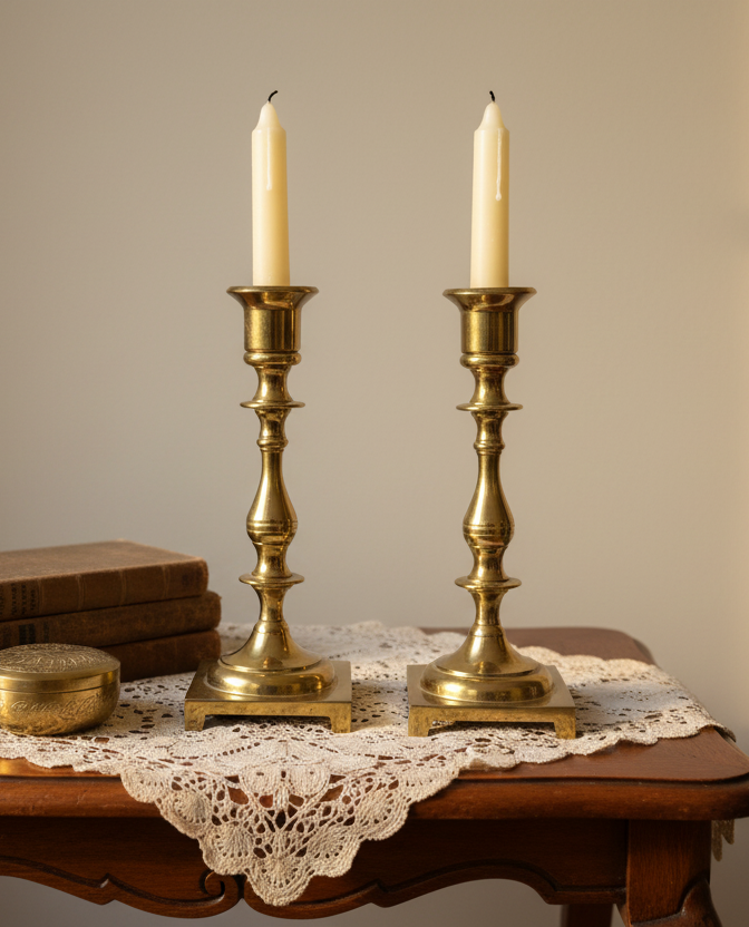 Neoclassical Vintage Brass Baluster Candlestick Holders – Pair | Classic Column Design