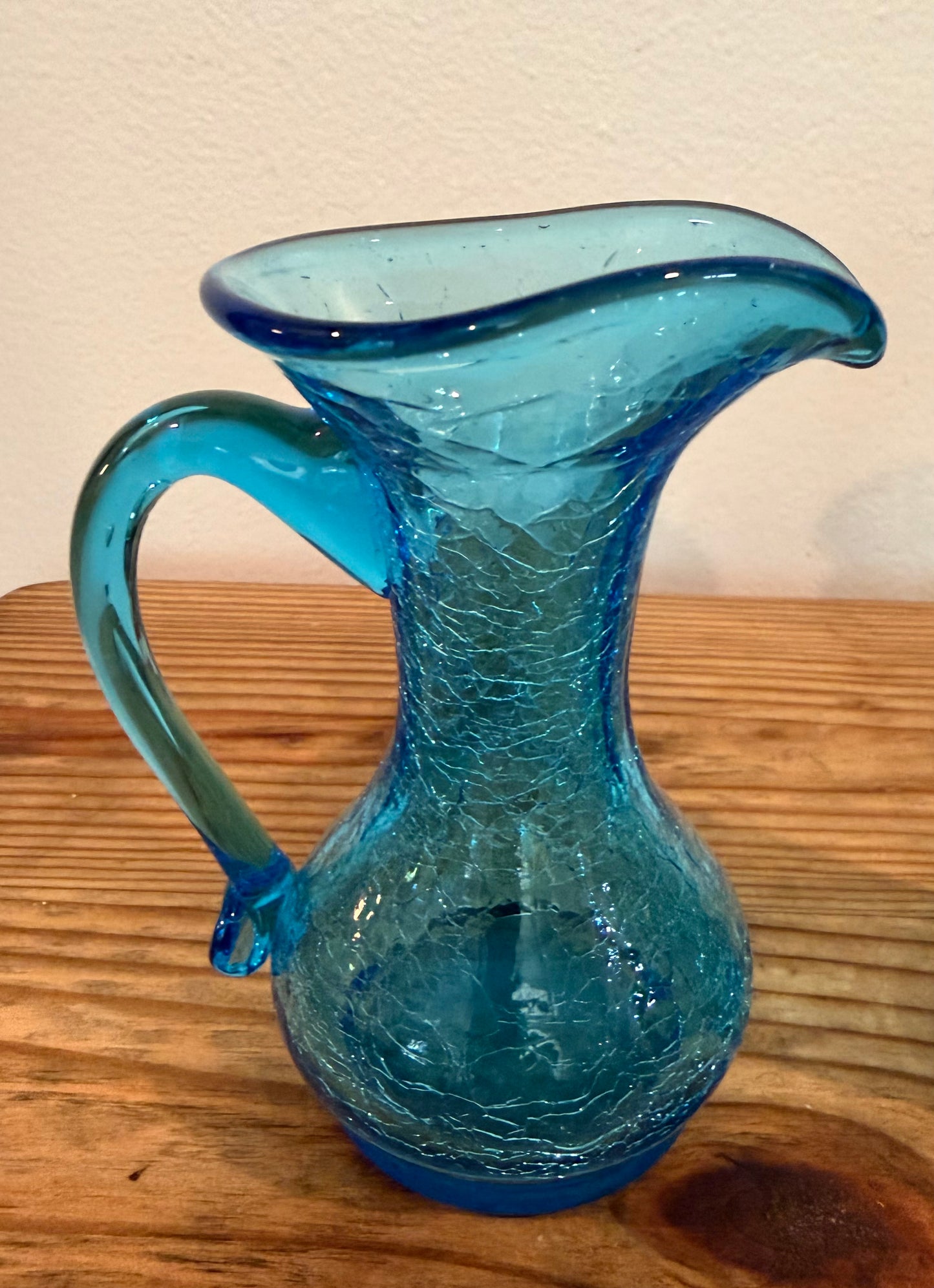 Vintage Kanawha Glass Company Blue Crackle Glass Mini Pitcher Set – Hand Blown (Set of 2)