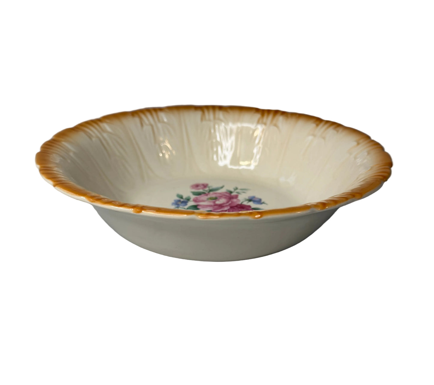Vintage Homer Laughlin Serving Bowl – Floral with Orange/Gold Rim (c. 1950s)