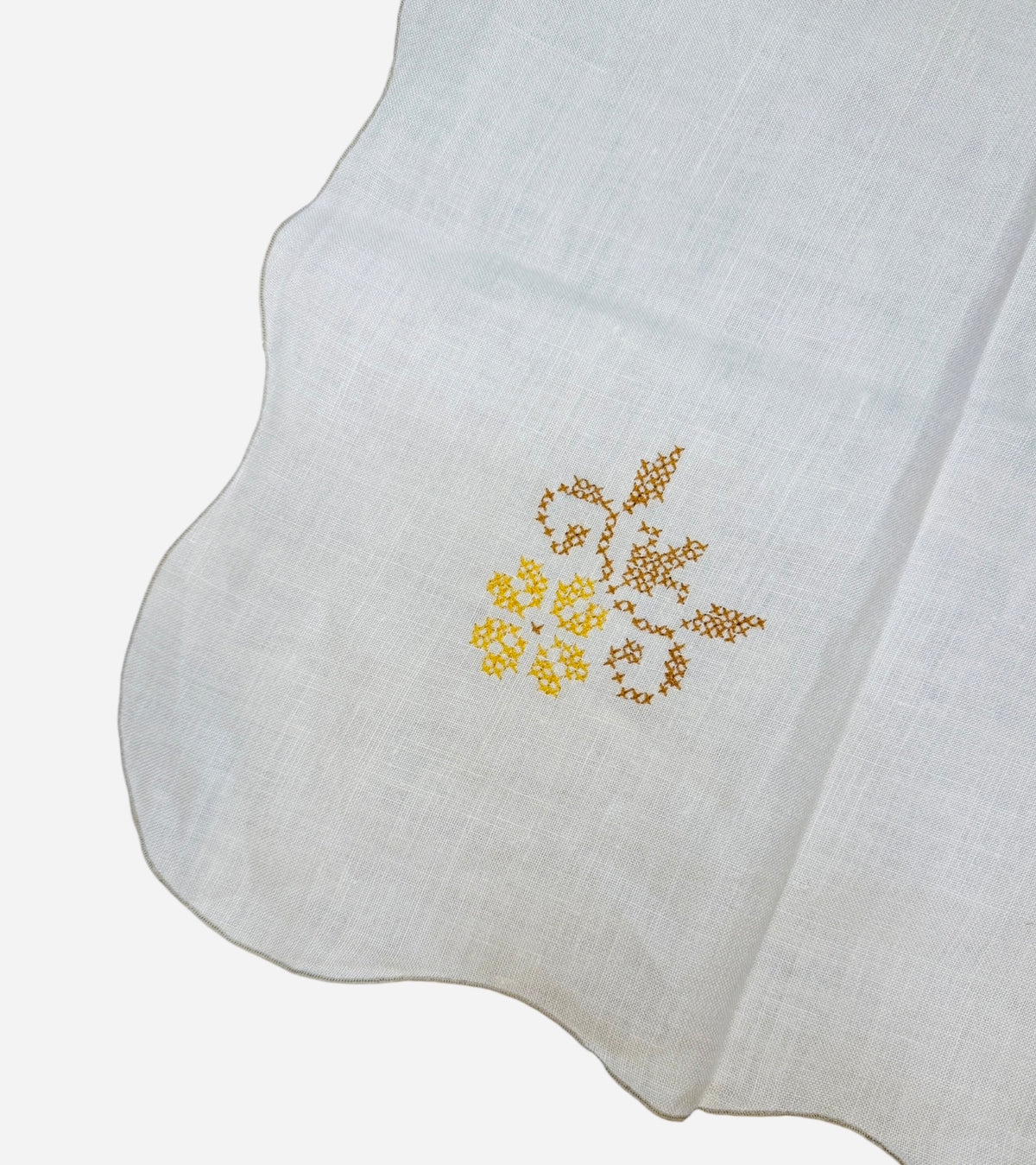 Square Linen Table Topper – Yellow & Brown Cross-Stitch Floral Design – 40”