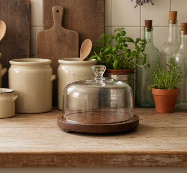 MCM Teak Vintage Cheese Board with Glass Dome Cloche – 1970s Mid-Century Entertaining Piece