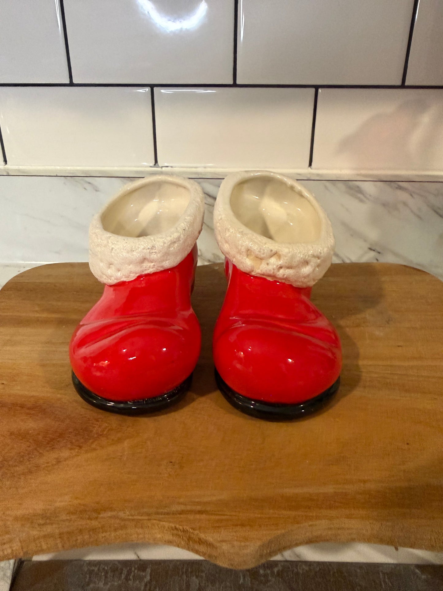 Vintage Santa Boot Candle Holders — Pair — Red with White Trim & Black Soles