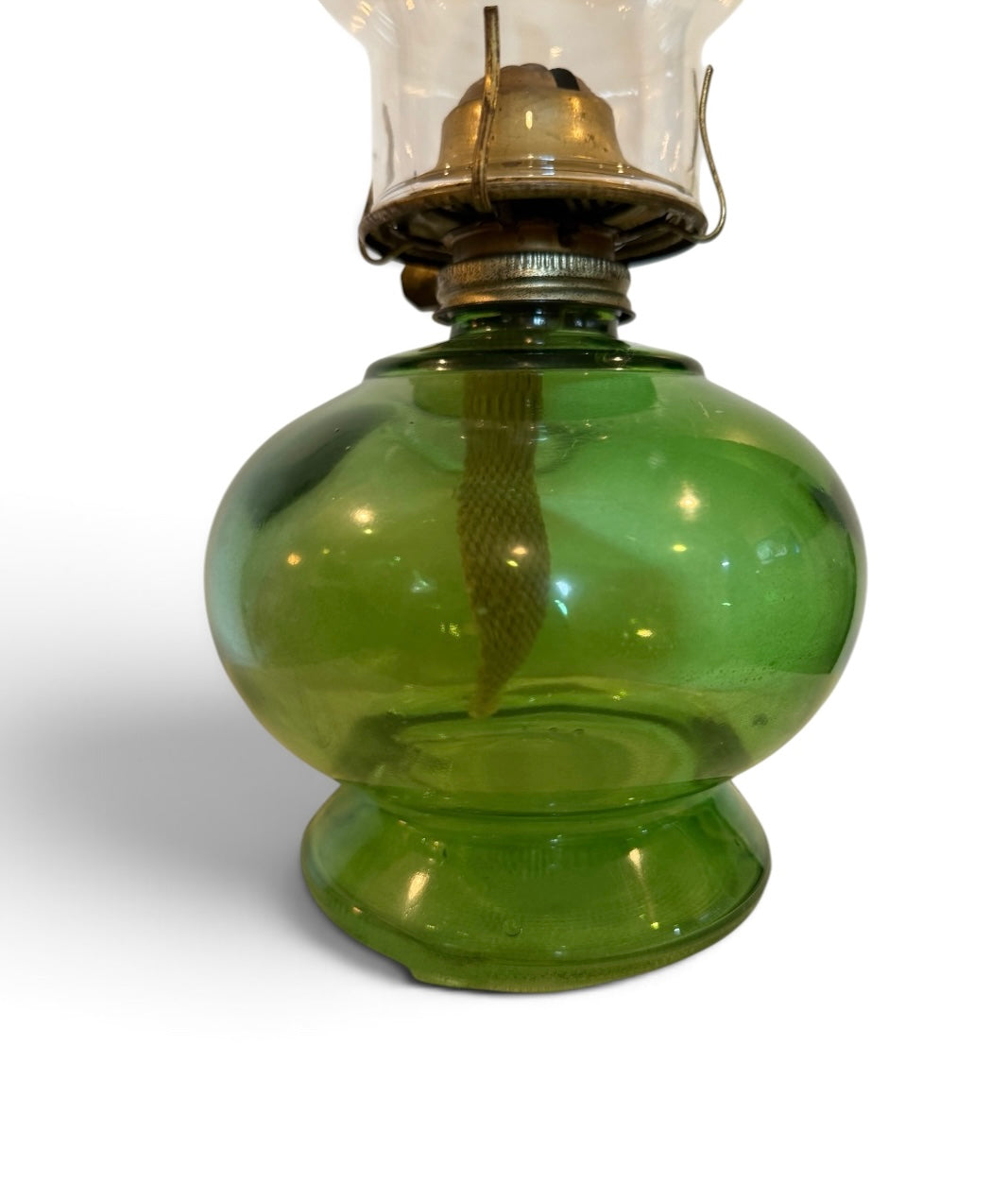 Flashed Green Glass Vintage Hurricane Oil Lamp with Etched Floral Chimney – 15.5”