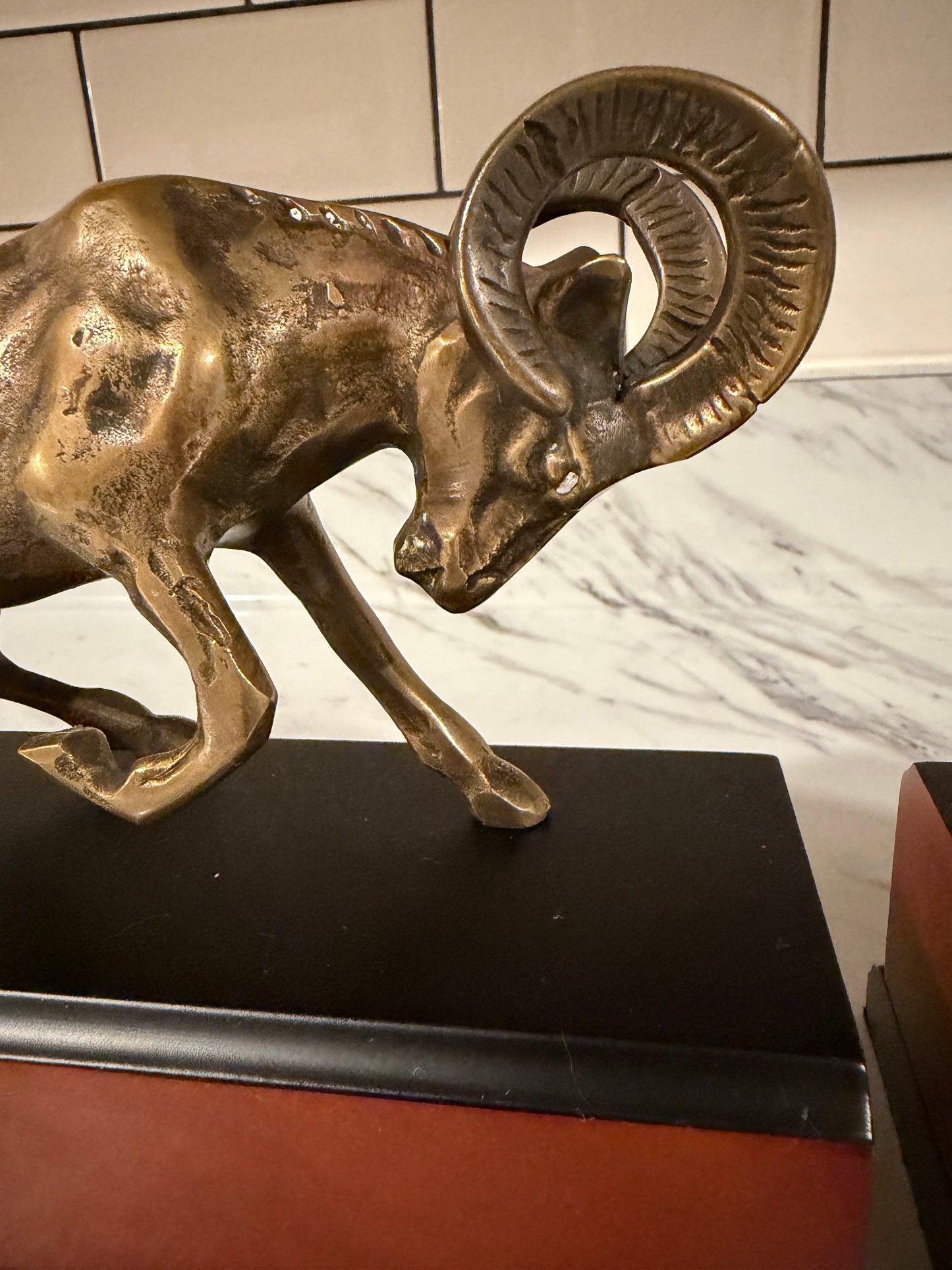 Pair of Vintage Brass Ram Bookends — Wood Base —
Mid Century