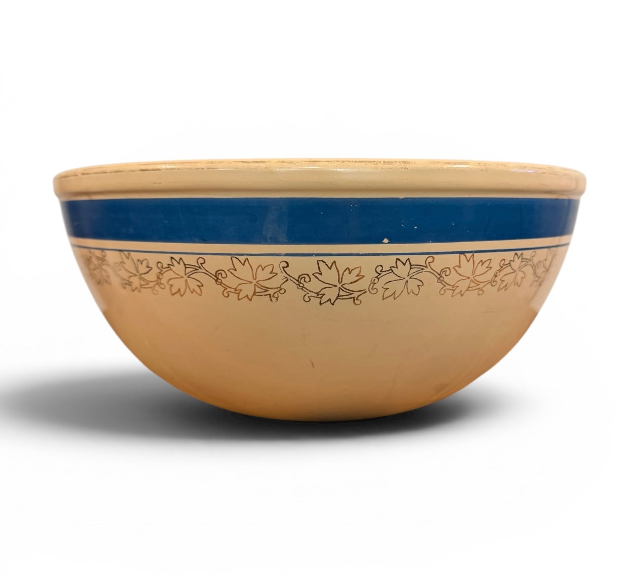 Jewel Tea Homer Laughlin Vintage Stoneware Mixing Bowl | Blue Band & Gold Ivy Pattern | 1930s-1940s