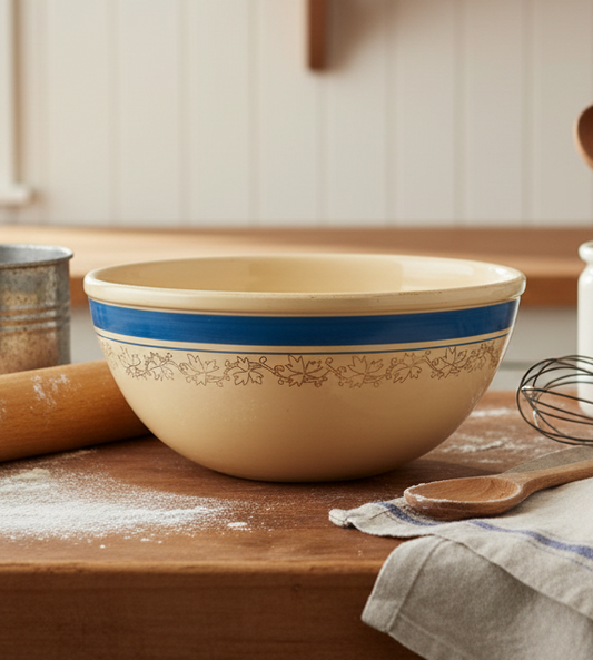 Jewel Tea Homer Laughlin Vintage Stoneware Mixing Bowl | Blue Band & Gold Ivy Pattern | 1930s-1940s