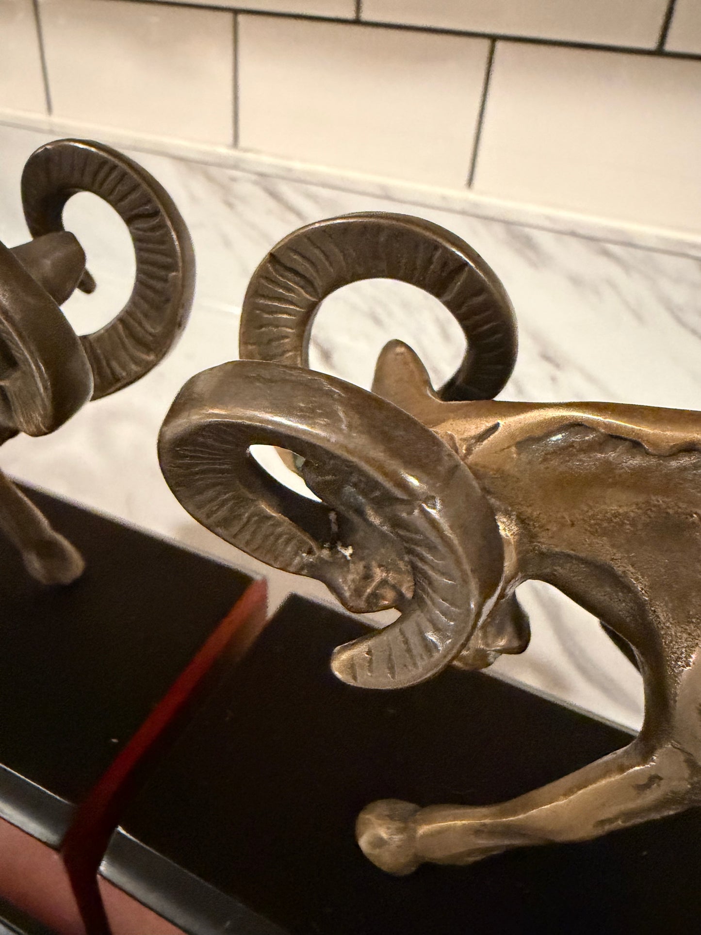 Pair of Vintage Brass Ram Bookends — Wood Base —
Mid Century