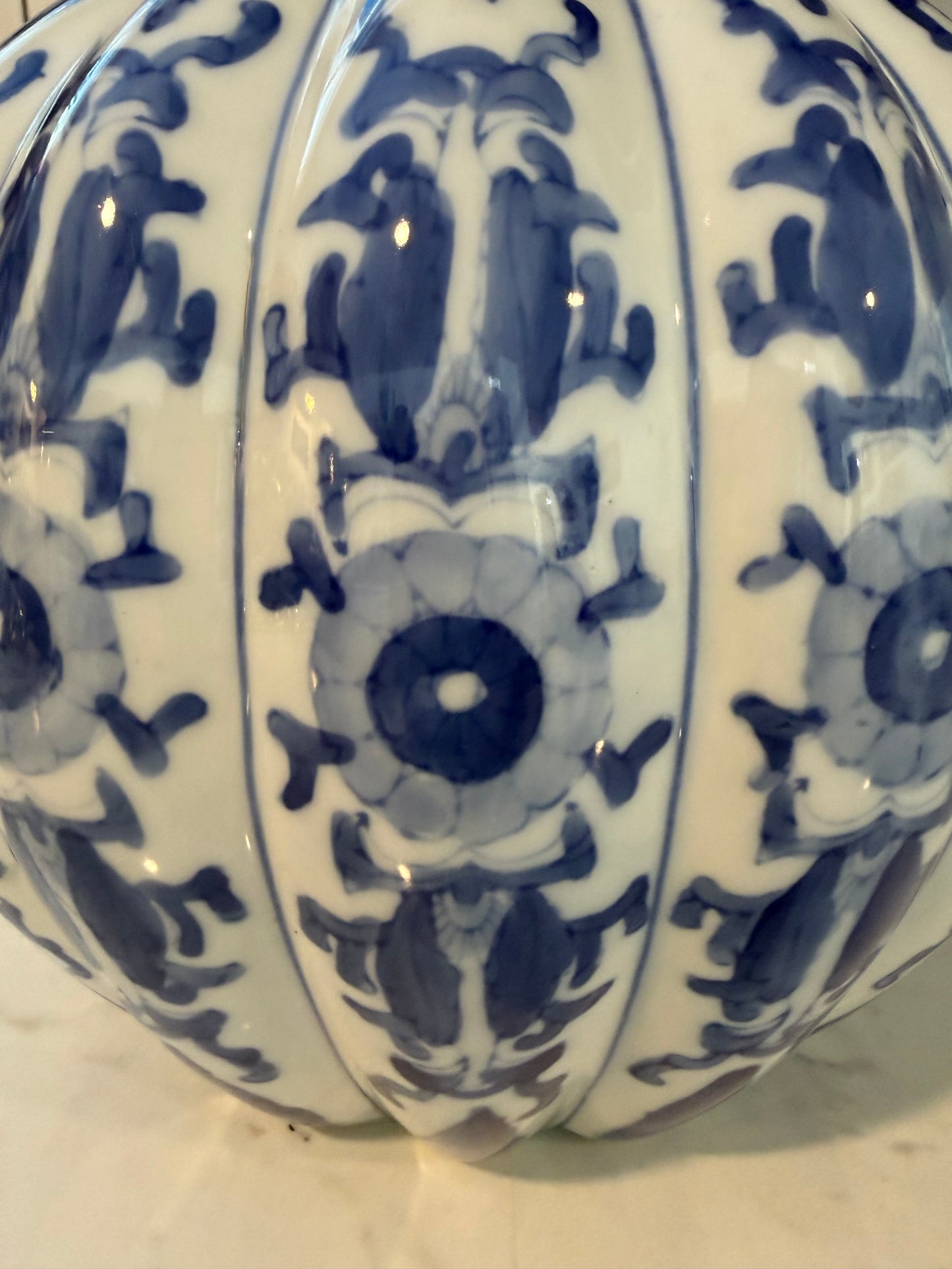 Vintage Chinese Blue & White Pumpkin-Shaped Ginger Jar | Chinoiserie Porcelain