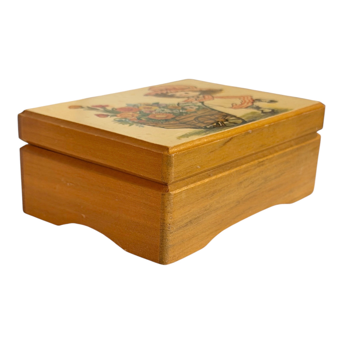 1970s Wooden Holly Hobby Style Jewelry Box | Retro Floral Girl & Pink Velvet Interior