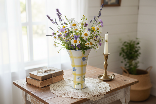 Vintage Andrea by Sadek Hand-Painted Gingham Floral Vase | Cottagecore
