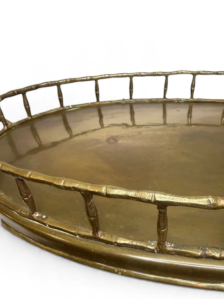 Hollywood Regency Brass Serving Tray with Faux Bamboo Gallery Rail & Handles – 20.5”