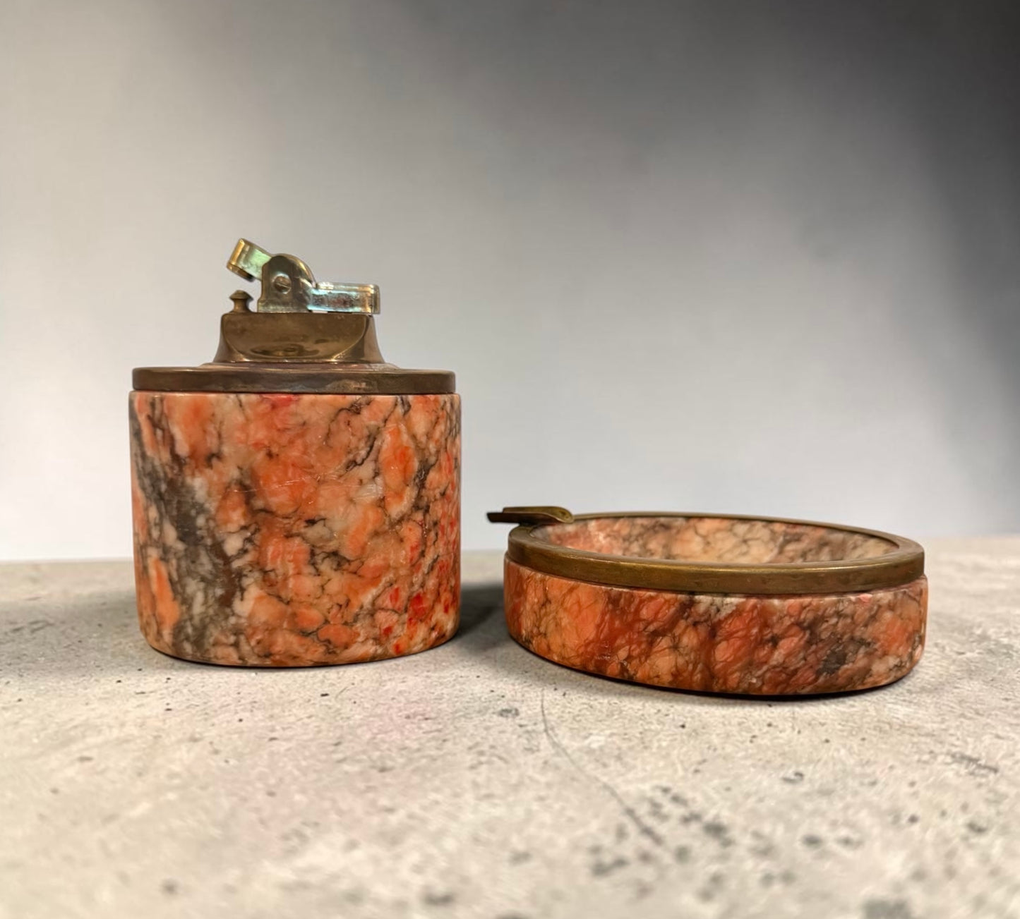 Italian Alabaster Vintage Table Lighter & Ashtray Smoking Set