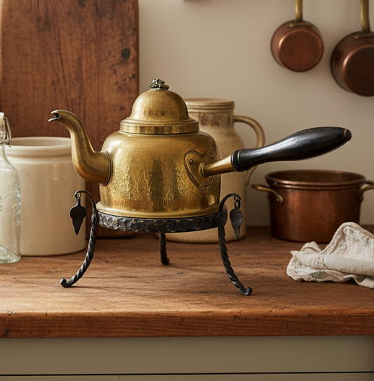 Antique Hammered Copper Kettle on Wrought Iron Stand | Turkish / Swedish Style Tea Warmer