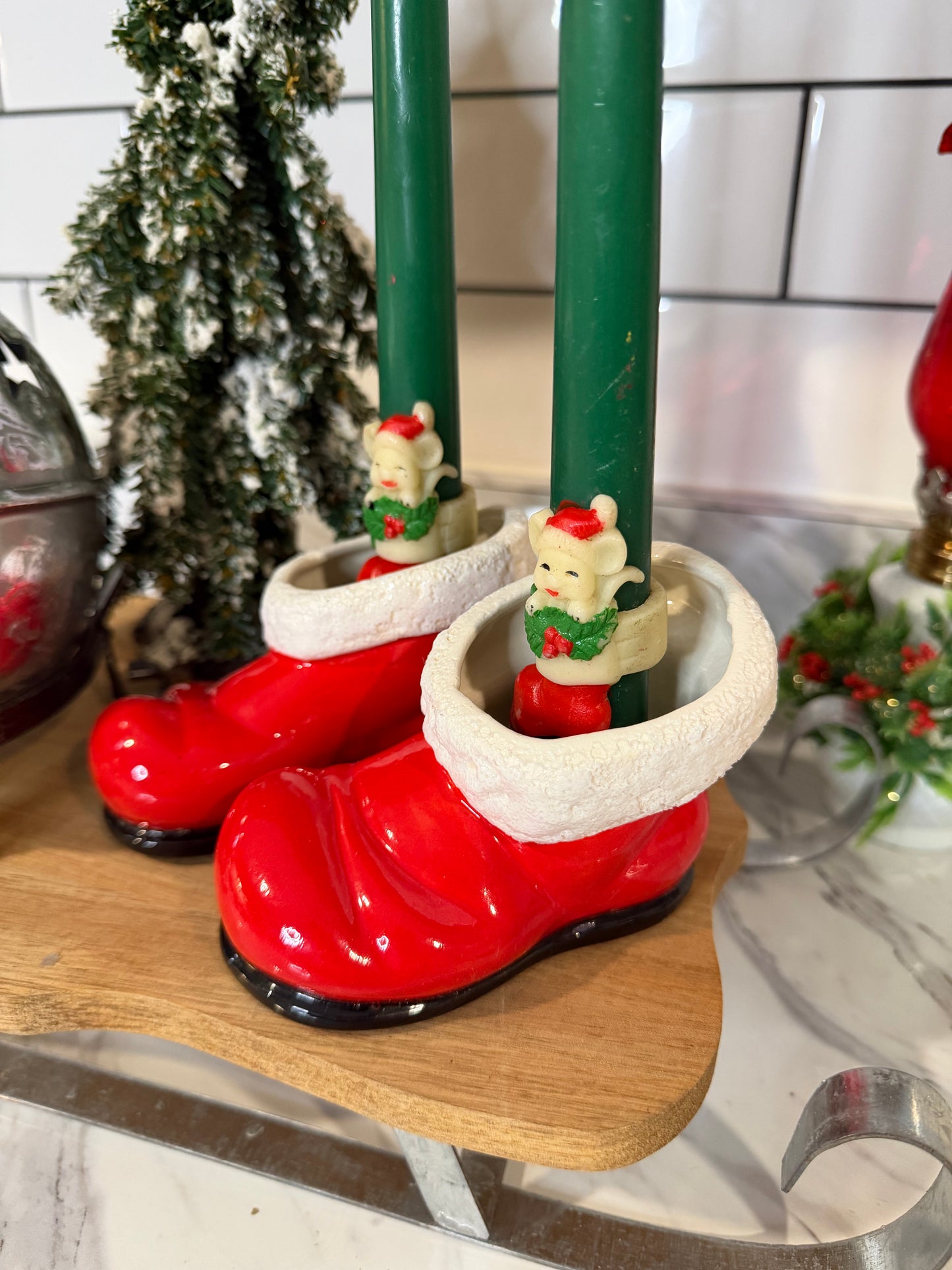 Vintage Santa Boot Candle Holders — Pair — Red with White Trim & Black Soles