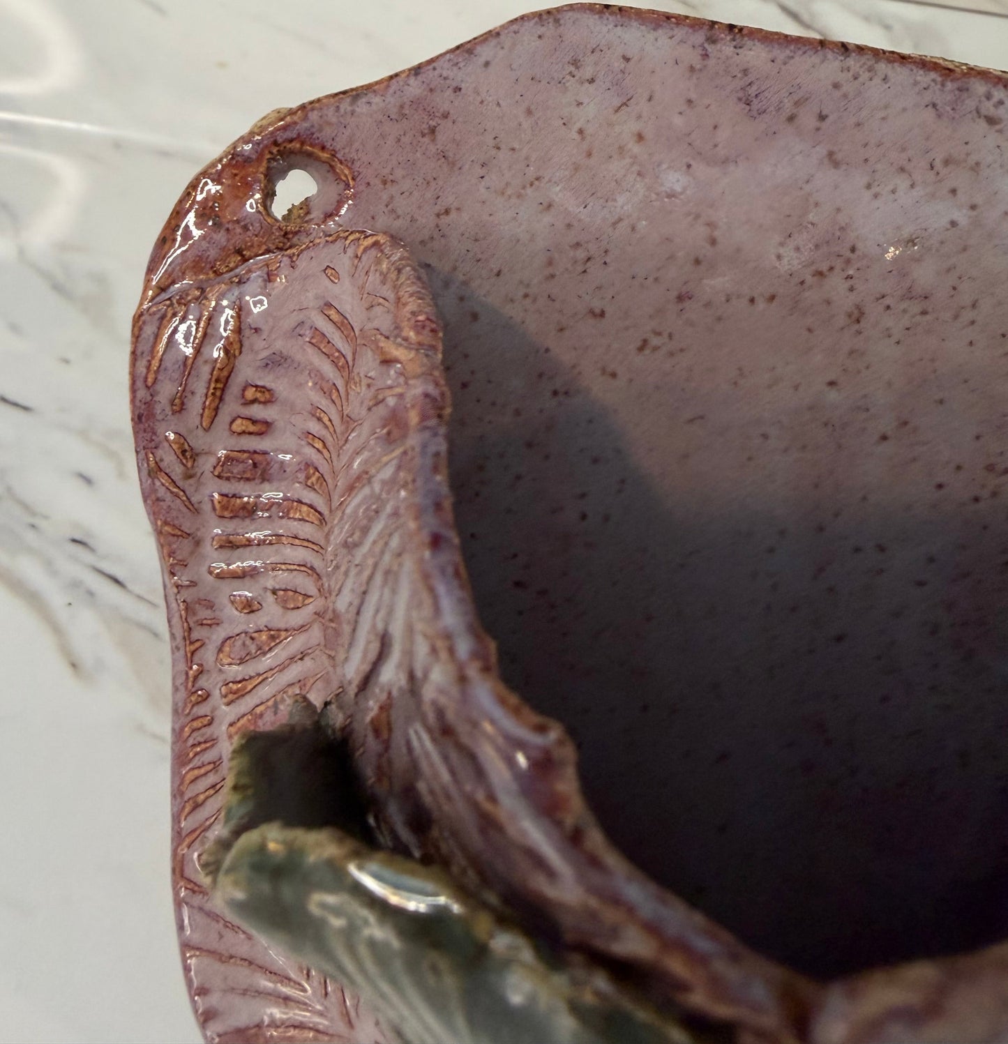 Handmade Ceramic Wall Pocket with Ginkgo Relief – Purple & Green Studio Pottery Vase