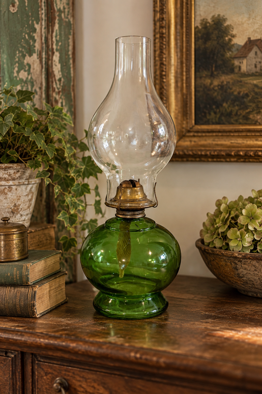 Flashed Green Glass Vintage Hurricane Oil Lamp with Etched Floral Chimney – 15.5”