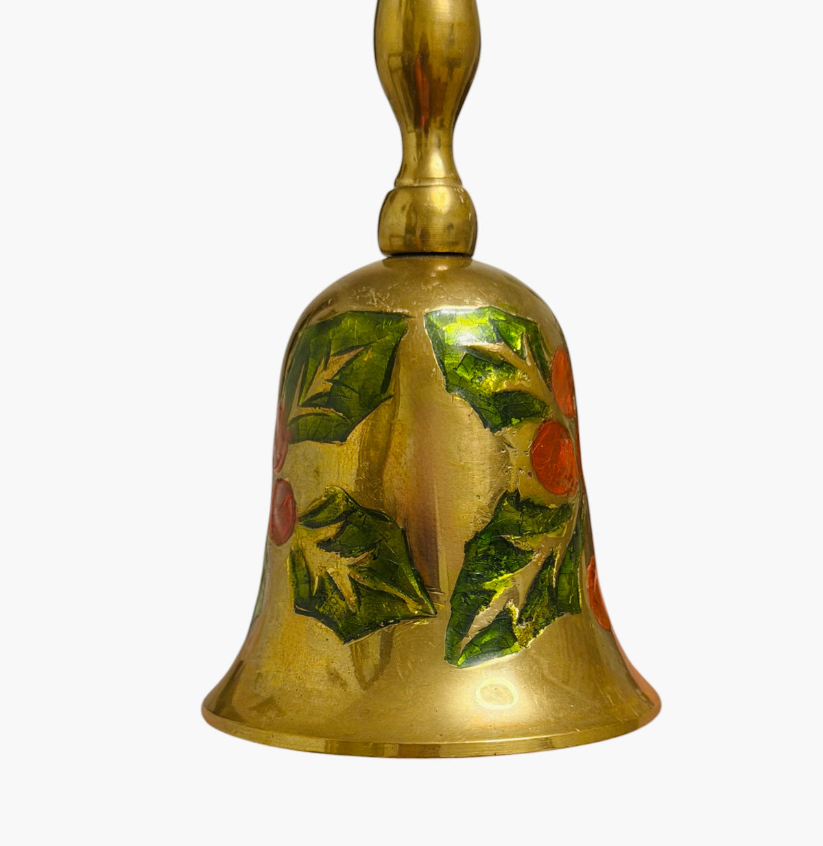 Brass Holly & Berry Hand Bell – Vintage Enameled Christmas Bell
