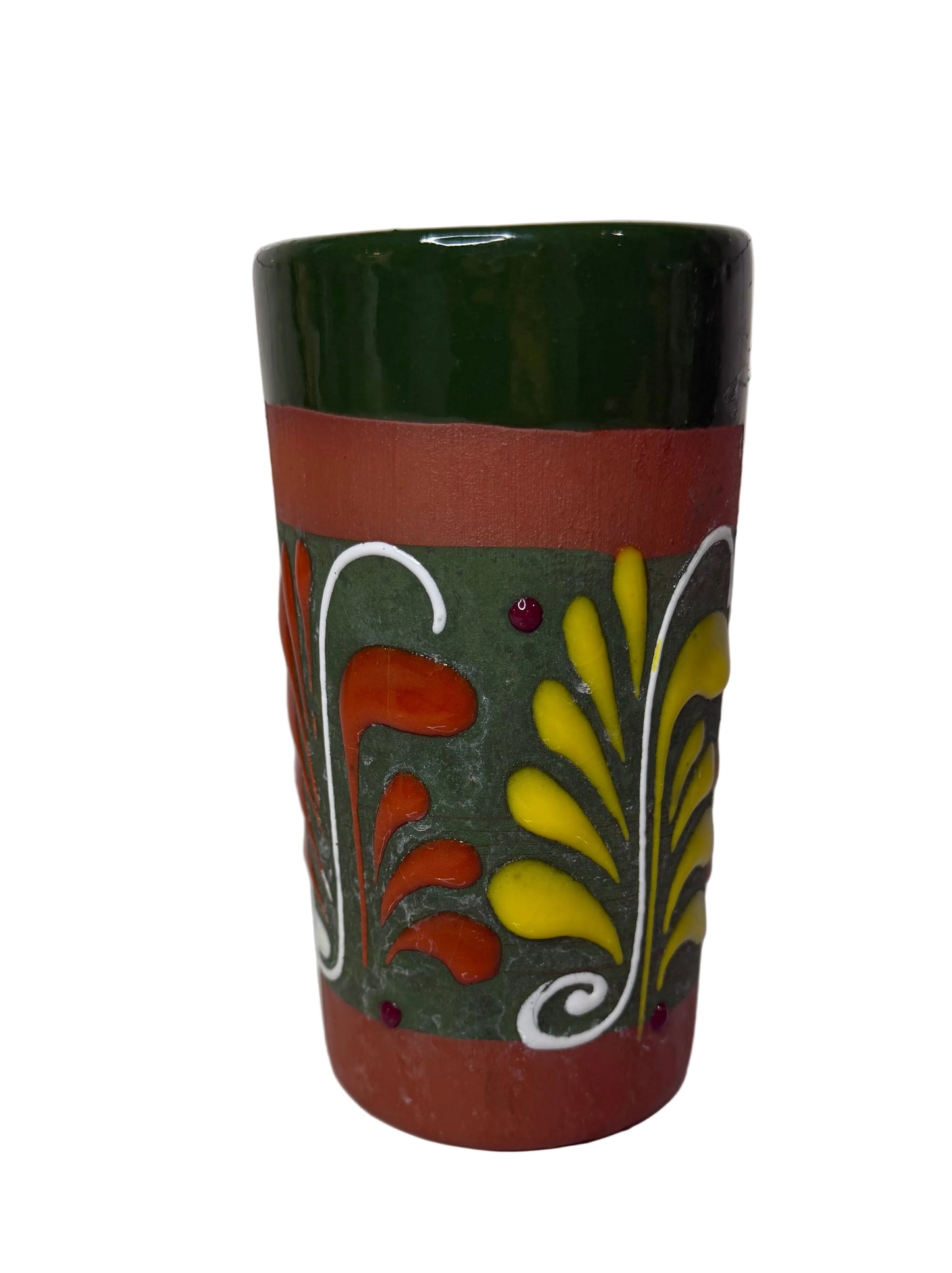 Hand-Painted Mexican Folk Art Pottery Vase – Red Clay, Raised Floral Motif