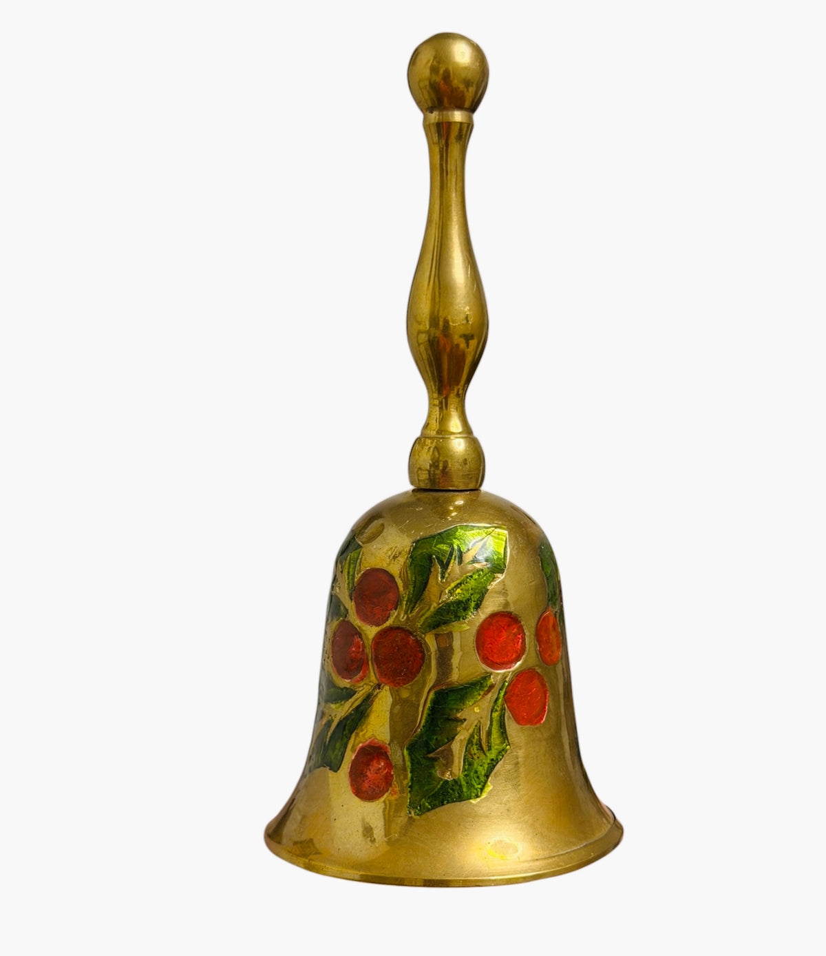 Brass Holly & Berry Hand Bell – Vintage Enameled Christmas Bell