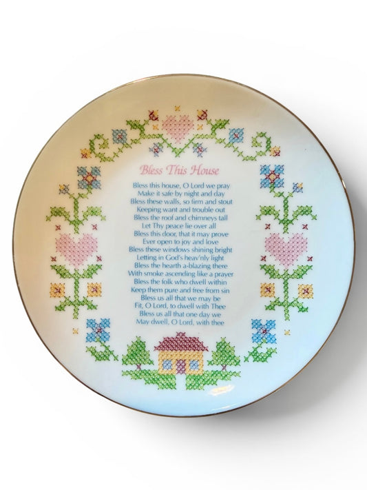 1984 Heirloom Editions by Paula “Bless This House” Porcelain Wall Plate | Cottage Cross-Stitch Sampler Decor