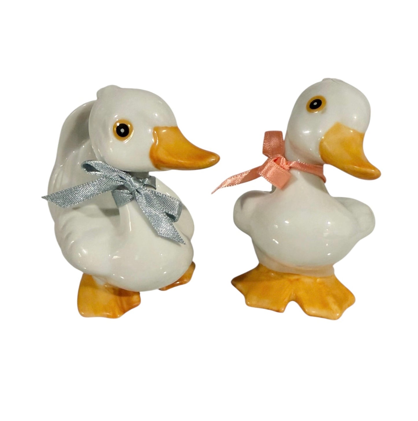 Homco Vintage Ceramic Duck Figurine Pair – Model #1414 | Glossy White with Ribbon Detail