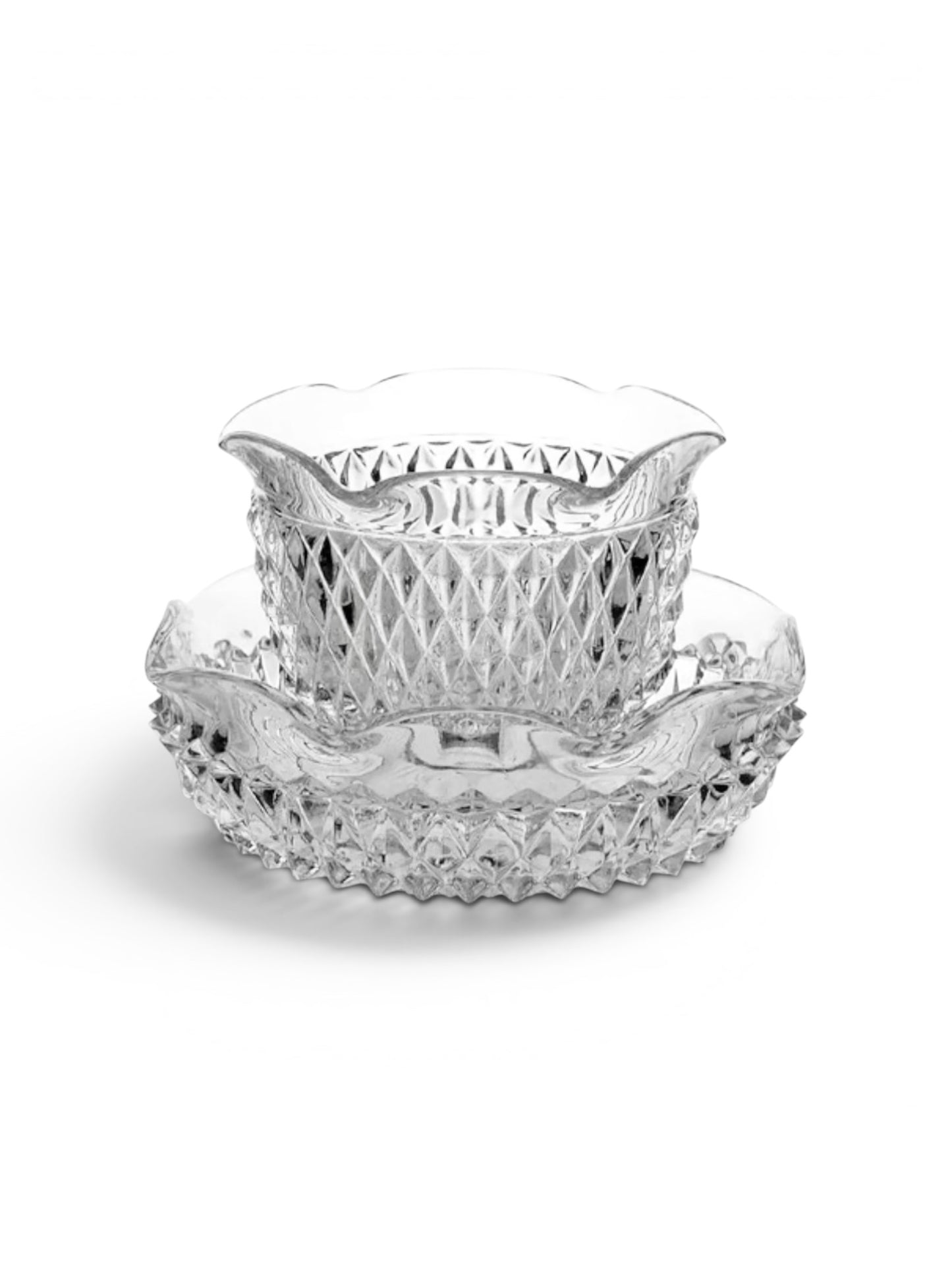 Indiana Glass “Diamond Point” Vintage Crystal Mayonnaise Bowl Set – Mid-Century Serving Dish