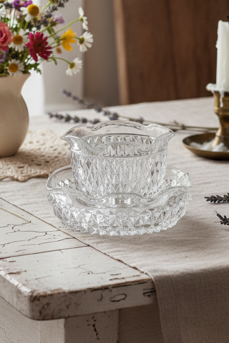 Indiana Glass “Diamond Point” Vintage Crystal Mayonnaise Bowl Set – Mid-Century Serving Dish