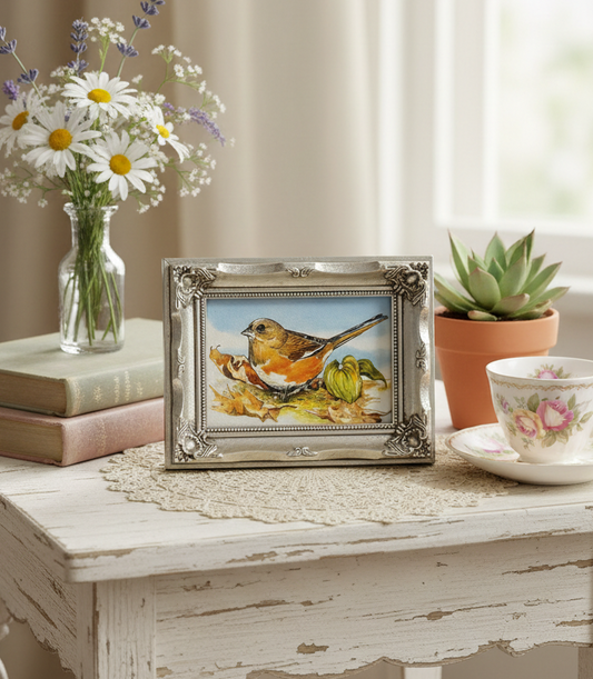 Vintage Baroque-Style Decorative Picture Frame with Towhee Bird Artwork