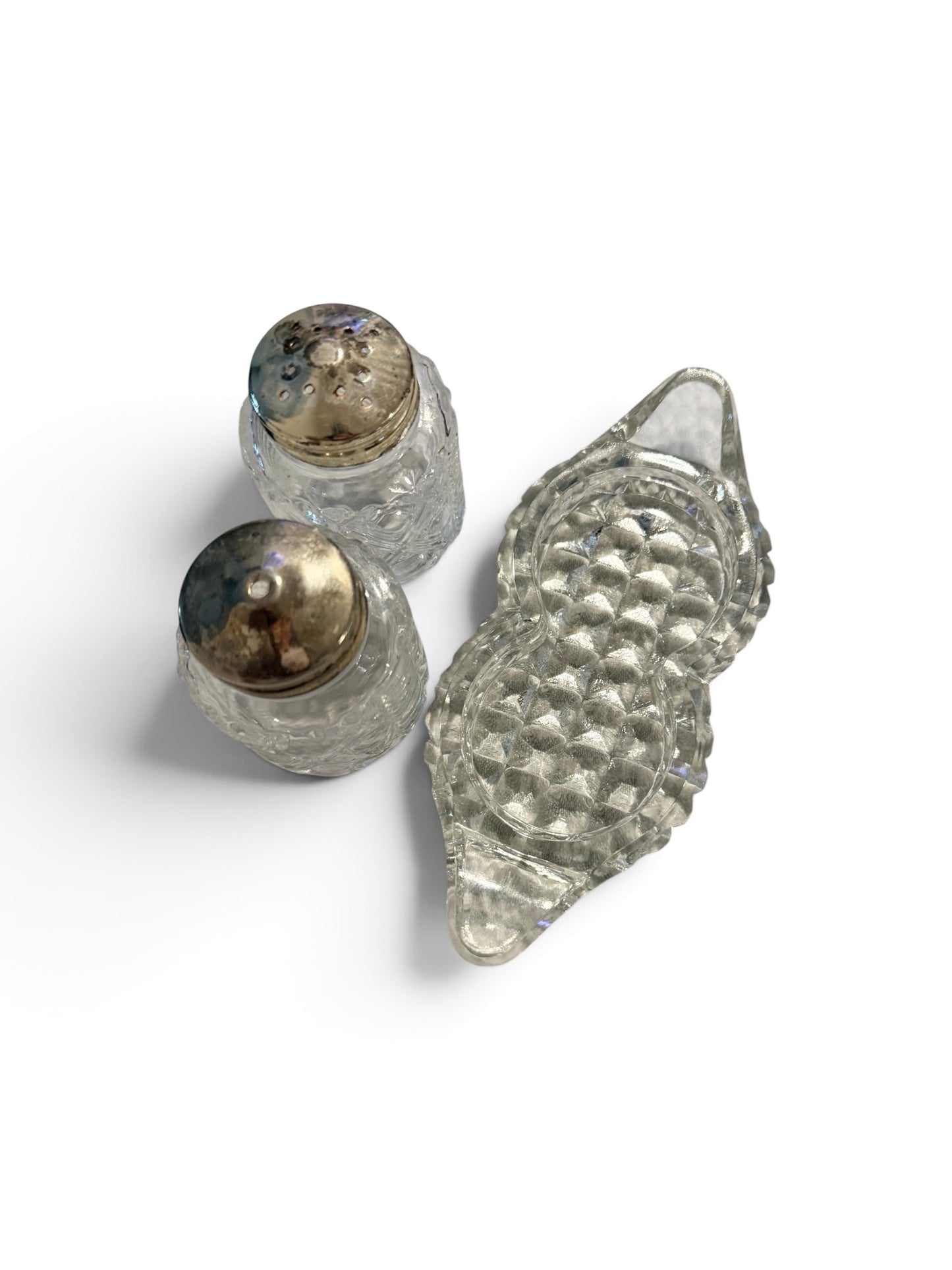 Pressed Glass Vintage Salt & Pepper Shakers with Double Glass Holder
