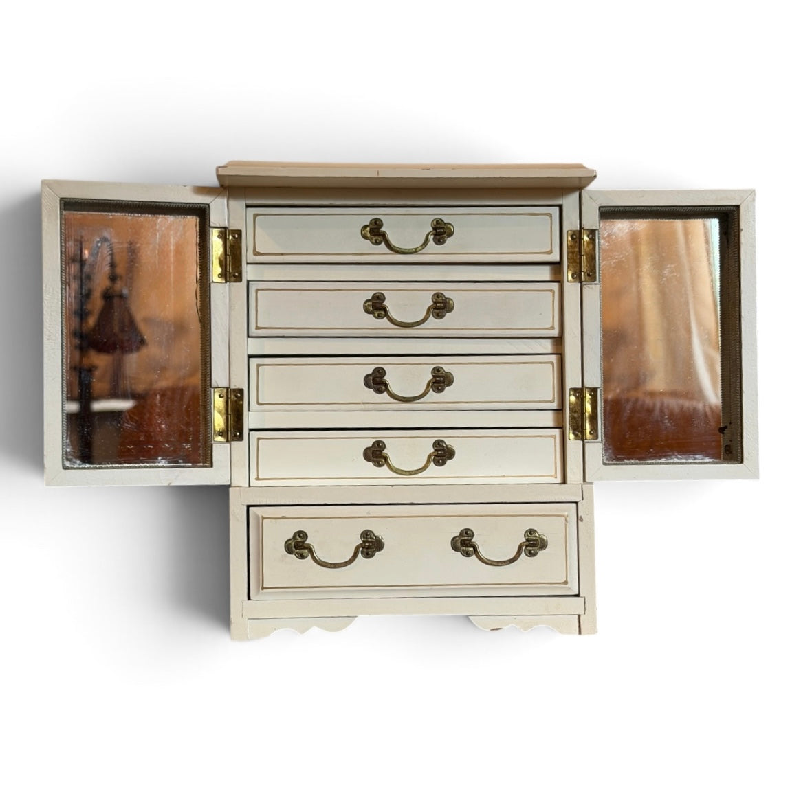 1970s French Provincial Jewelry Armoire Music Box – Cream & Gold