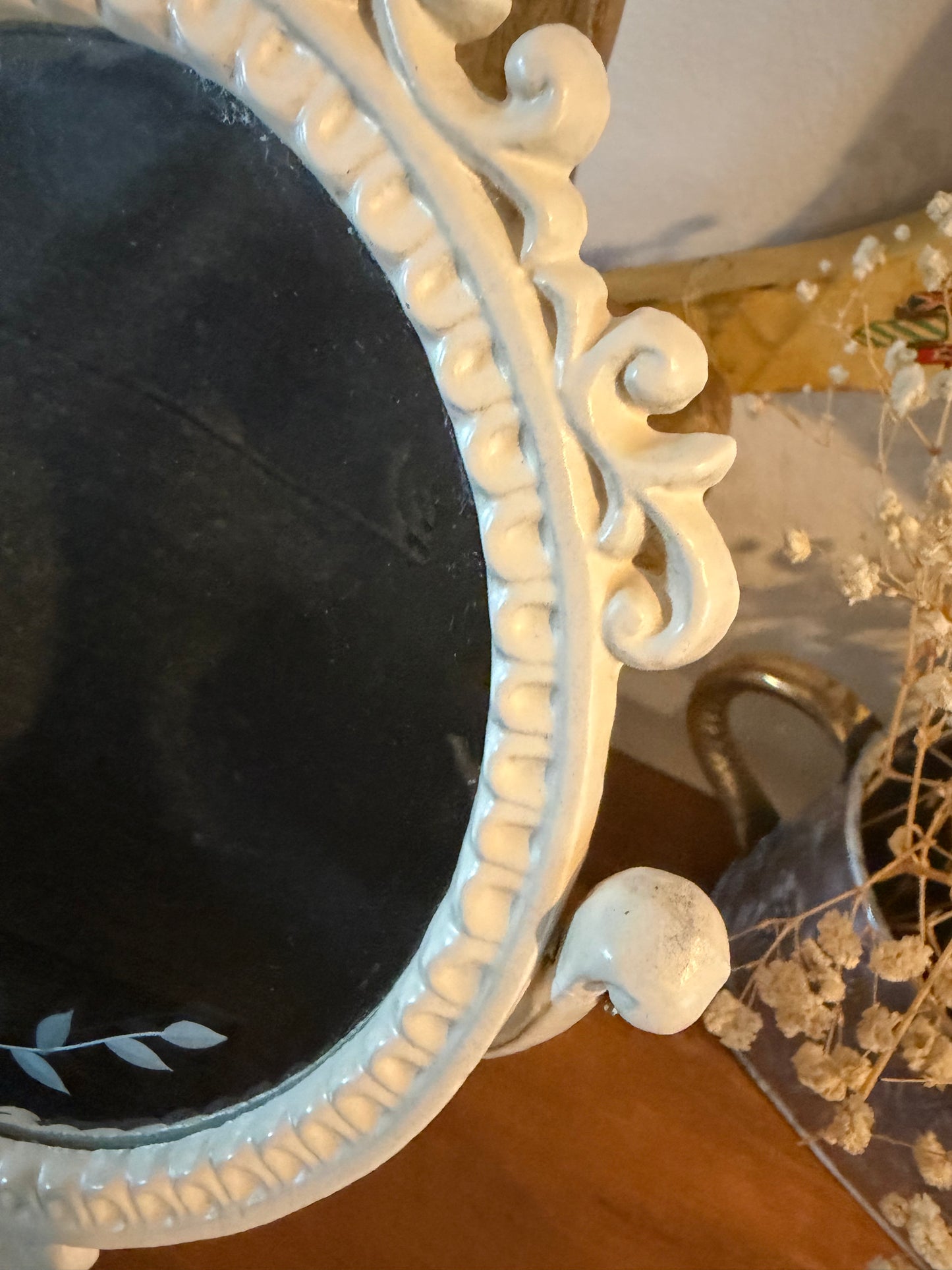 Vintage Victorian-Style Vanity Mirror – White Painted Cast Iron, Shabby Chic Pedestal