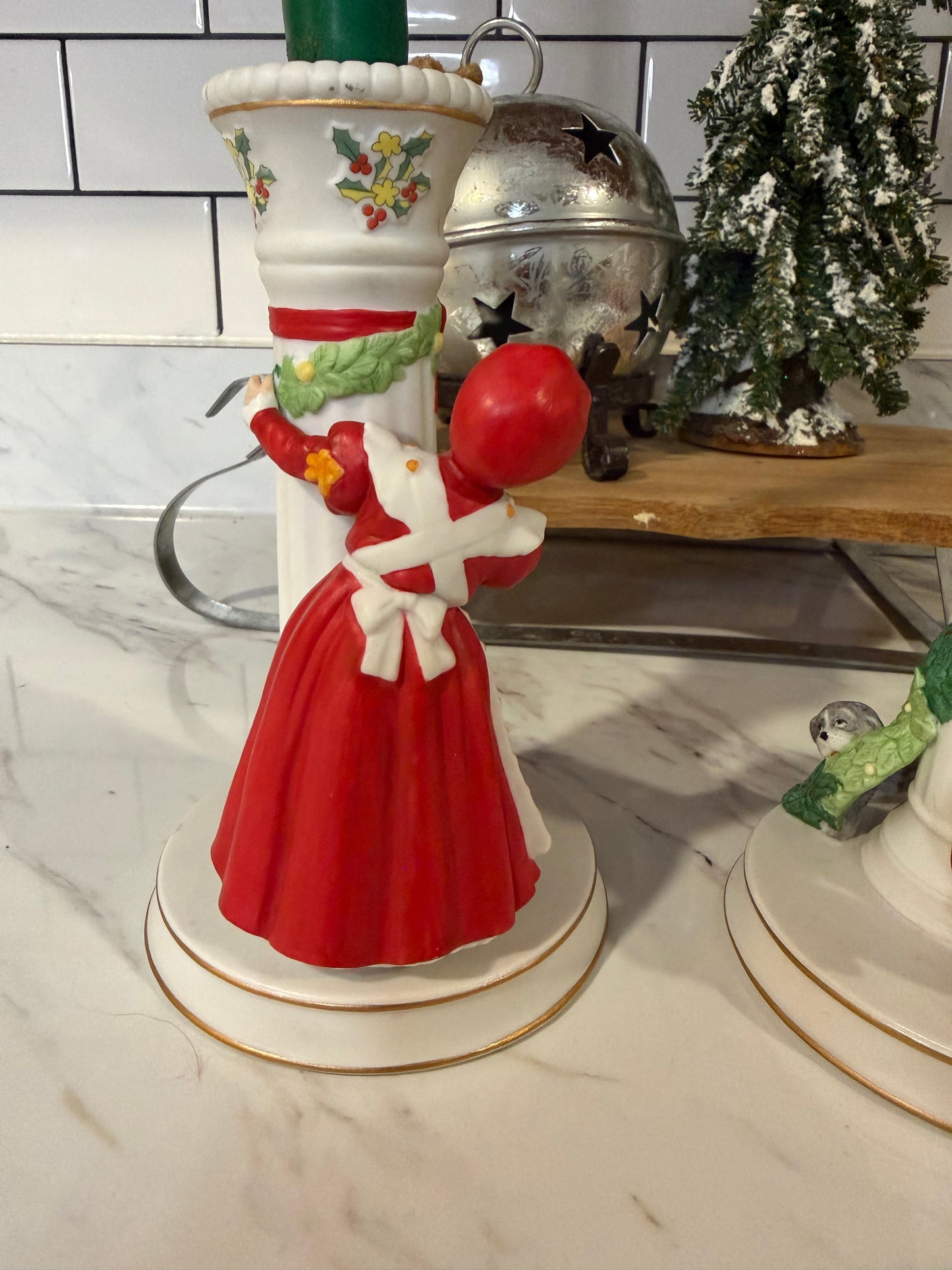 Vintage Danbury Mint “Christmas Candlesticks” — Mrs. Claus & Elves — 1990s Ceramic Pair with 23kt Gold Accents