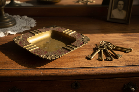 Vintage Square Brass Ashtray with Red Enamel Floral Design