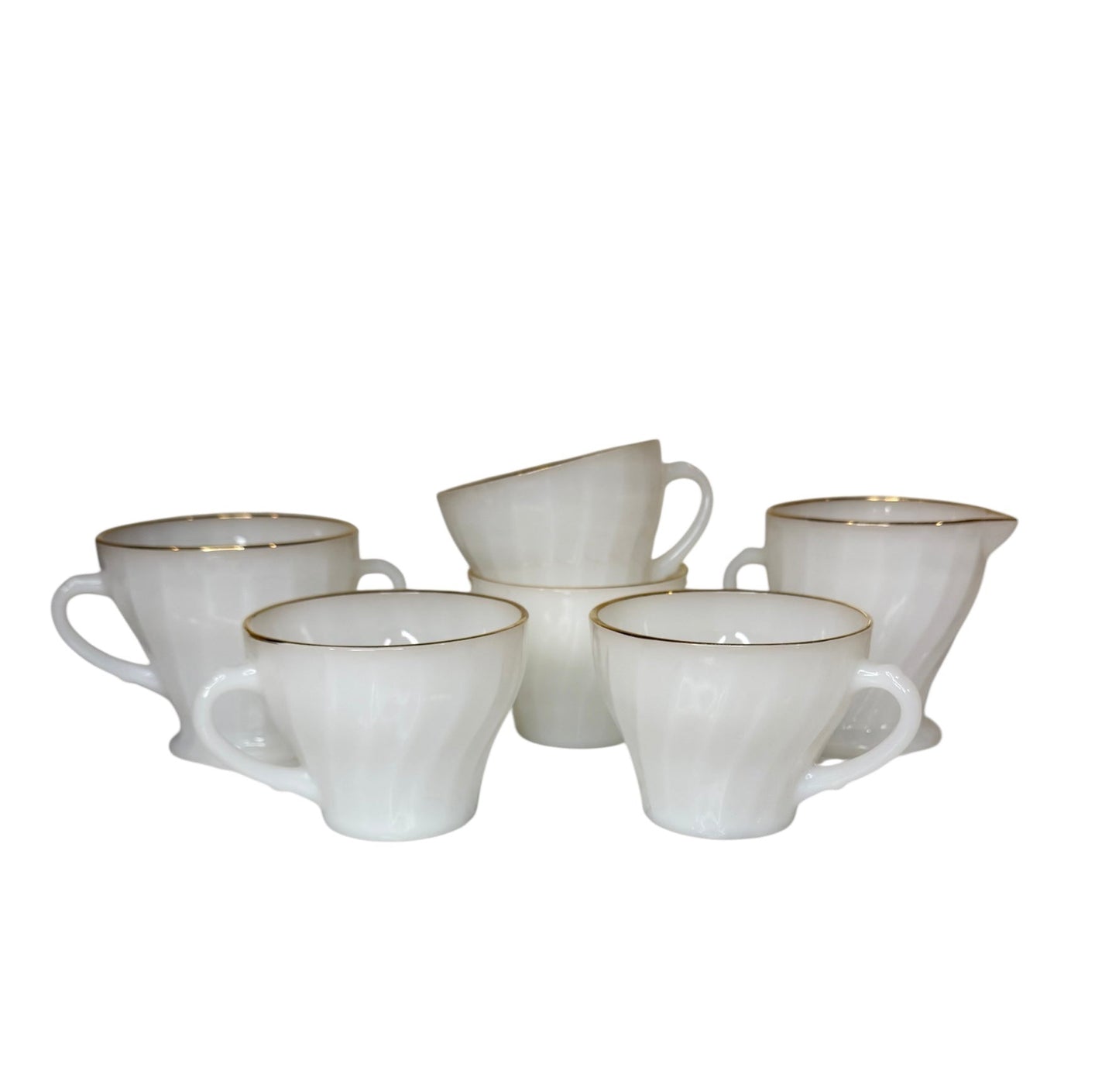 Vintage Fire-King Golden Shell Milk Glass Creamer, Sugar Bowl & Mugs Set – Anchor Hocking Swirl Pattern with Gold Trim