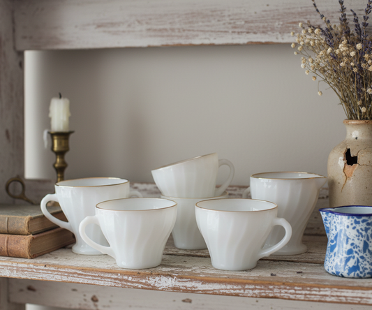Vintage Fire-King Golden Shell Milk Glass Creamer, Sugar Bowl & Mugs Set – Anchor Hocking Swirl Pattern with Gold Trim