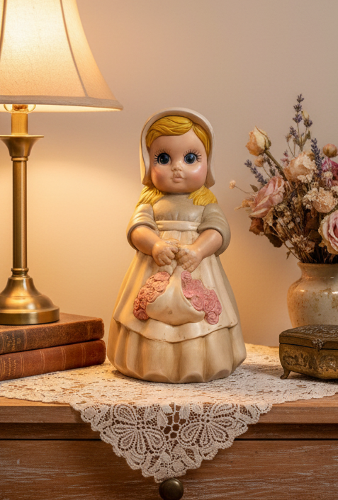 Vintage Hand-Painted Ceramic Girl Figurine | Cottagecore Fall Decor | 1987 | 10”