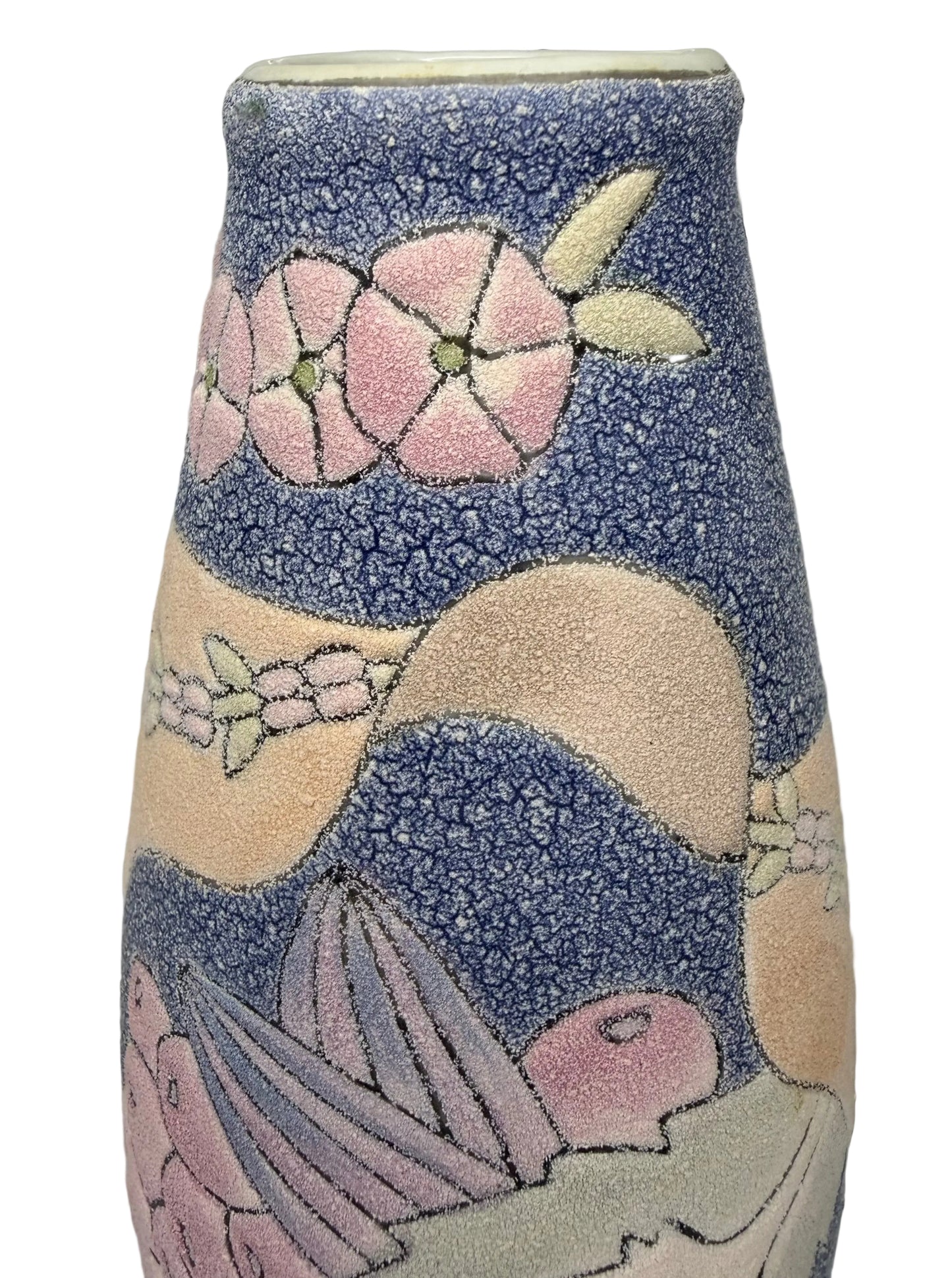 Vintage High-Relief Ceramic Vase – Hand-Painted Floral & Fruit Design