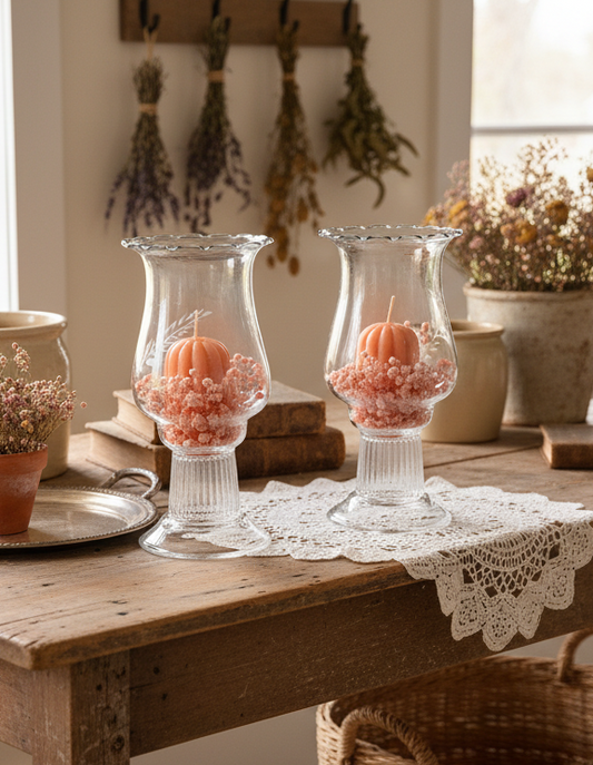 Set Of Two Clear Glass Vintage Hurricane Candle Holders – Pair with Pink Candles & Baby’s Breath