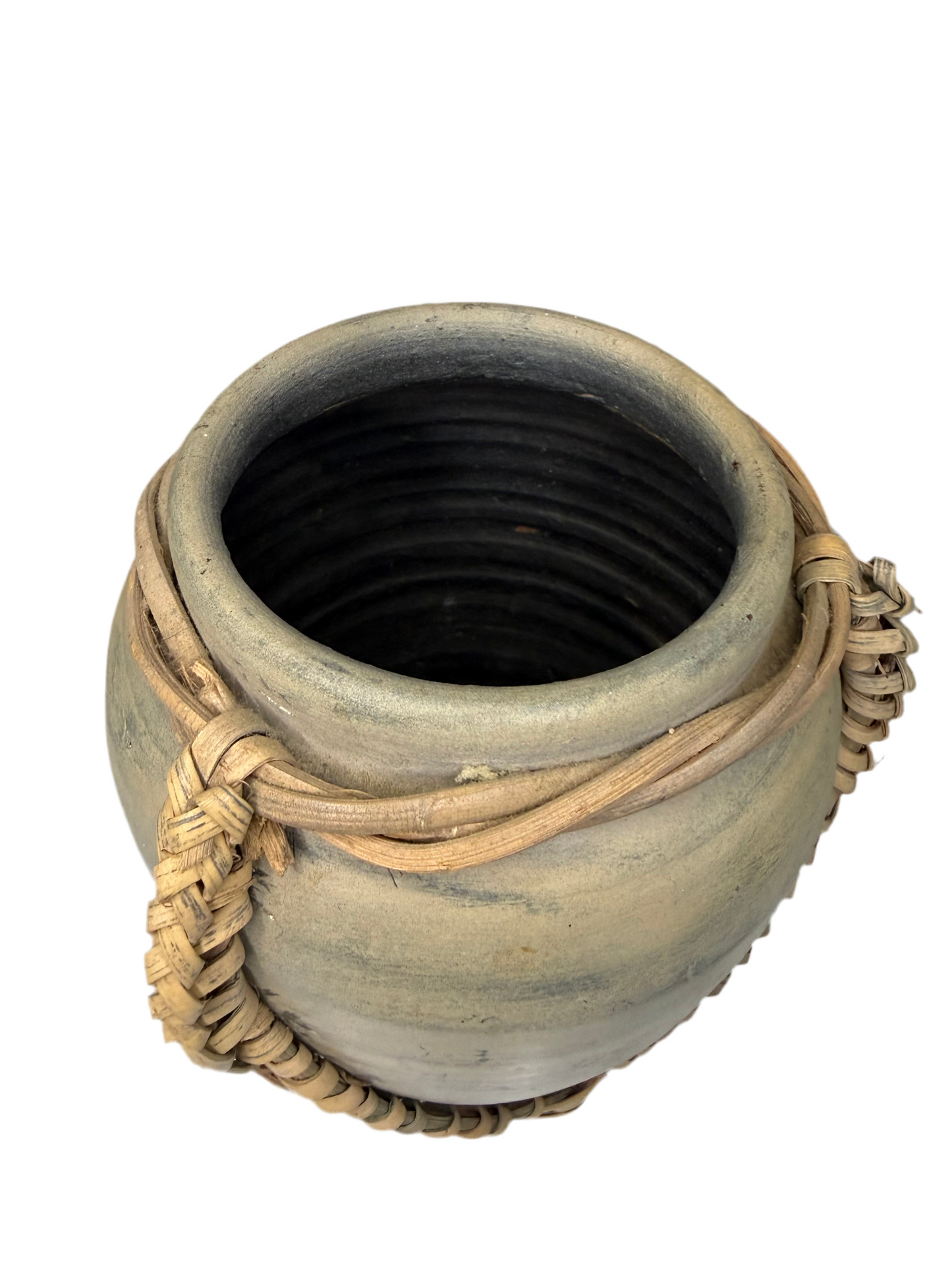 Rustic Pottery Vase with Woven Rattan Handle – Boho Farmhouse Decor