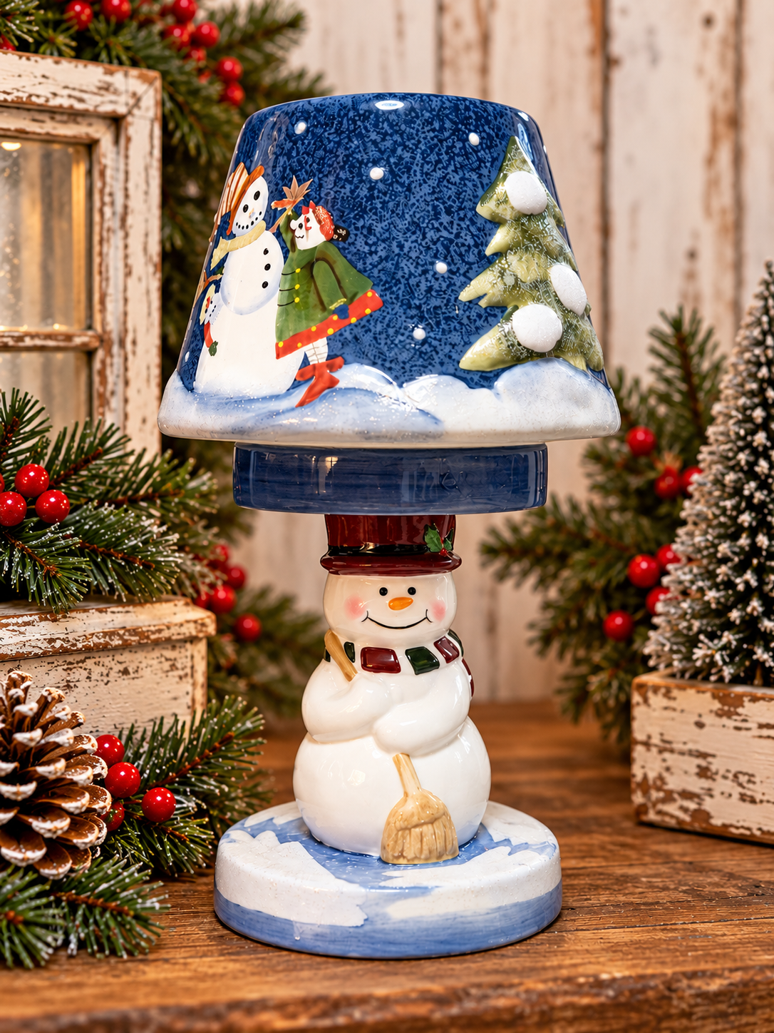 Home Interiors Vintage Ceramic Snowman Candle Holder Lamp – Winter Scene – 10”