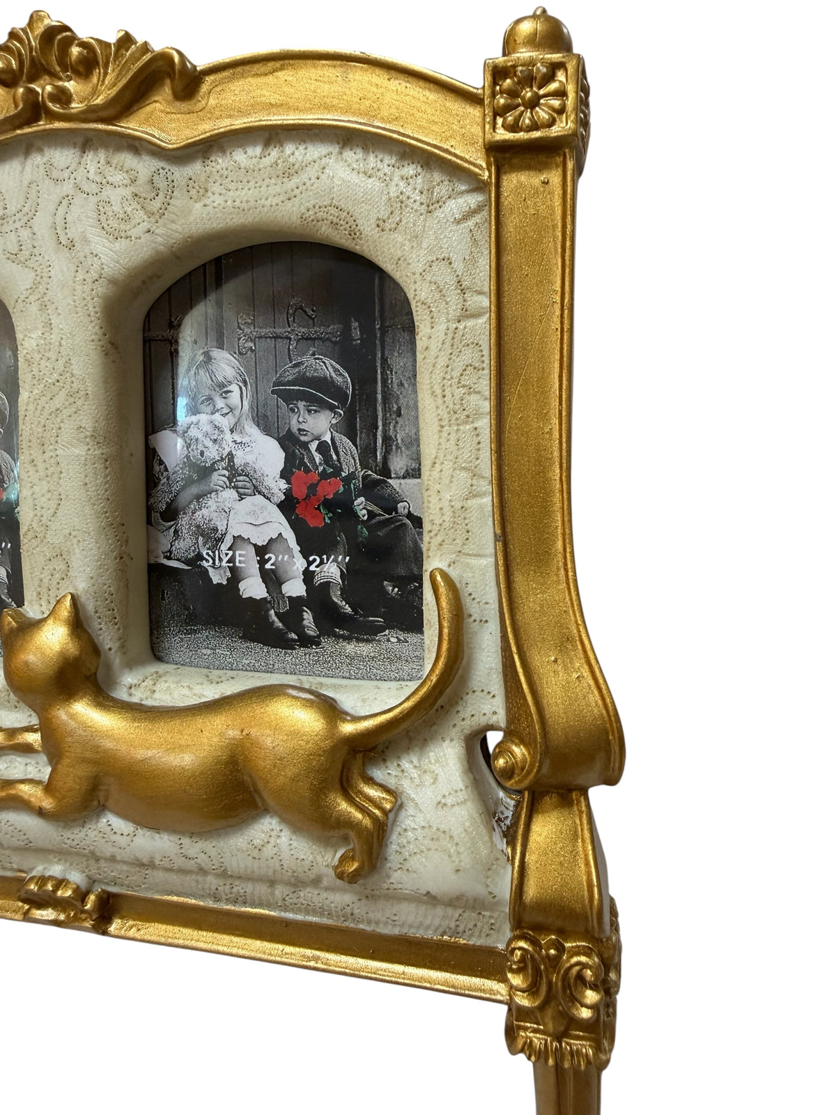Victorian-Style Settee Double Picture Frame with Gold Cat Accent