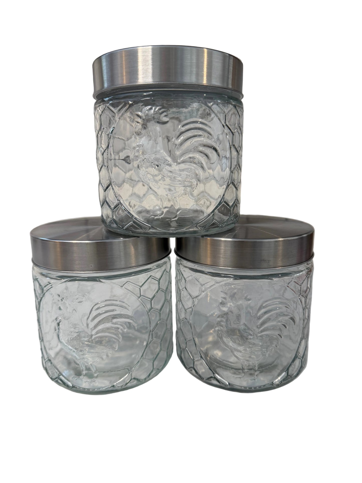 Set of 3 Vintage Clear Glass Rooster Canister Jars – Farmhouse Kitchen Storage