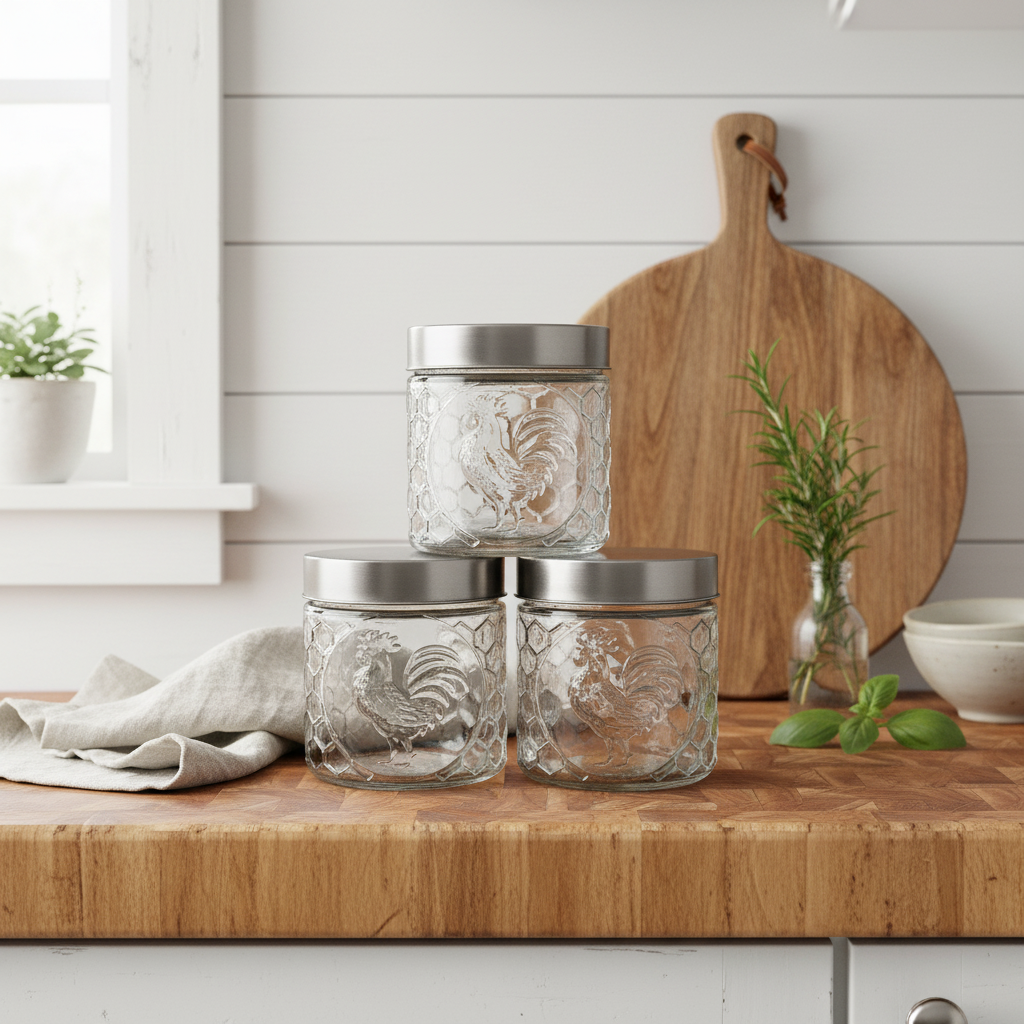 Set of 3 Vintage Clear Glass Rooster Canister Jars – Farmhouse Kitchen Storage