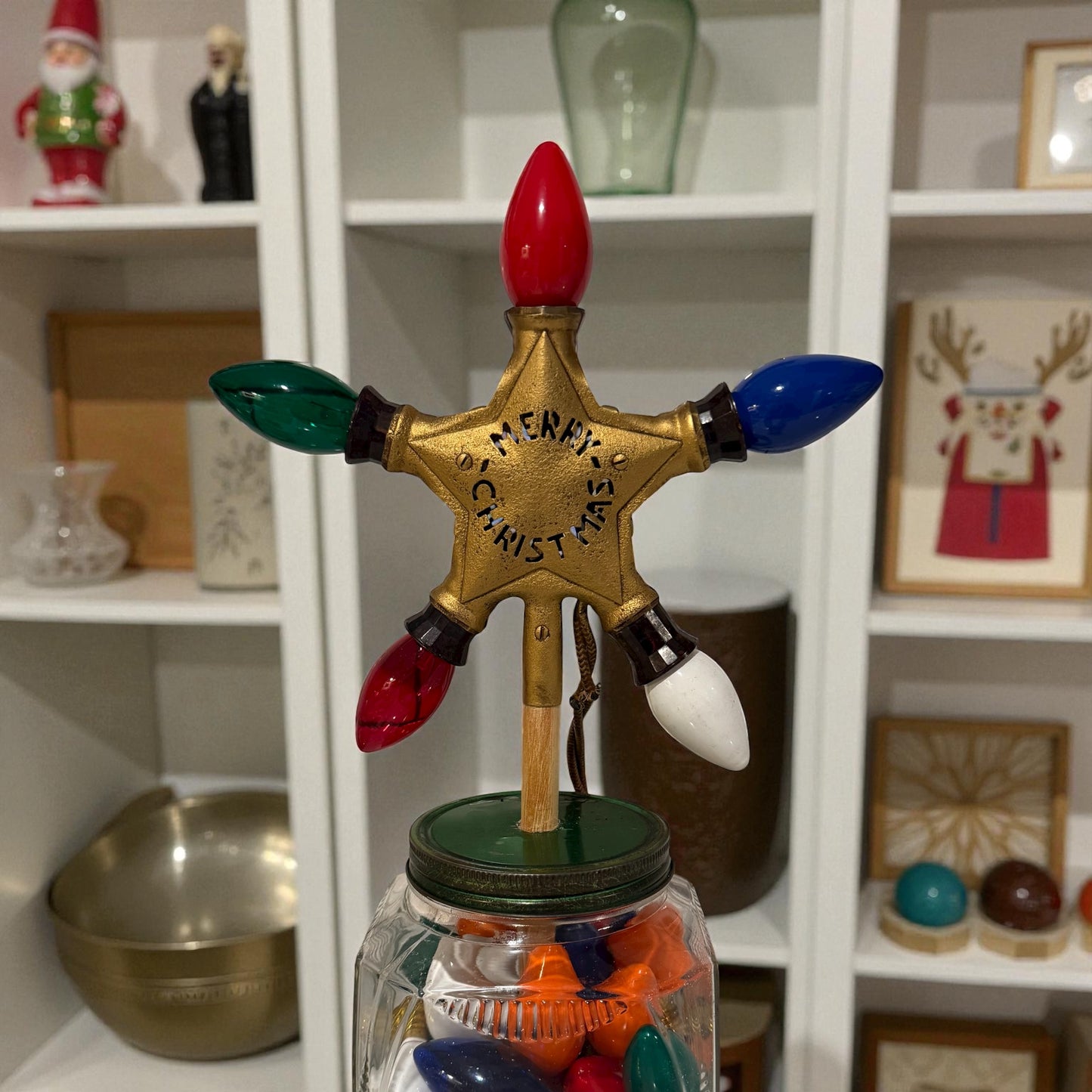 1940s Vintage Noma “Star of Bethlehem” Lighted Christmas Tree Topper — Gold Metal with “Merry Christmas” Embossed