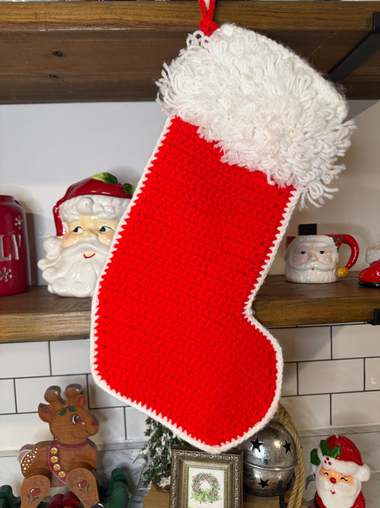 Vintage Hand-Crocheted Christmas Stocking – Red with White Trim, 19”