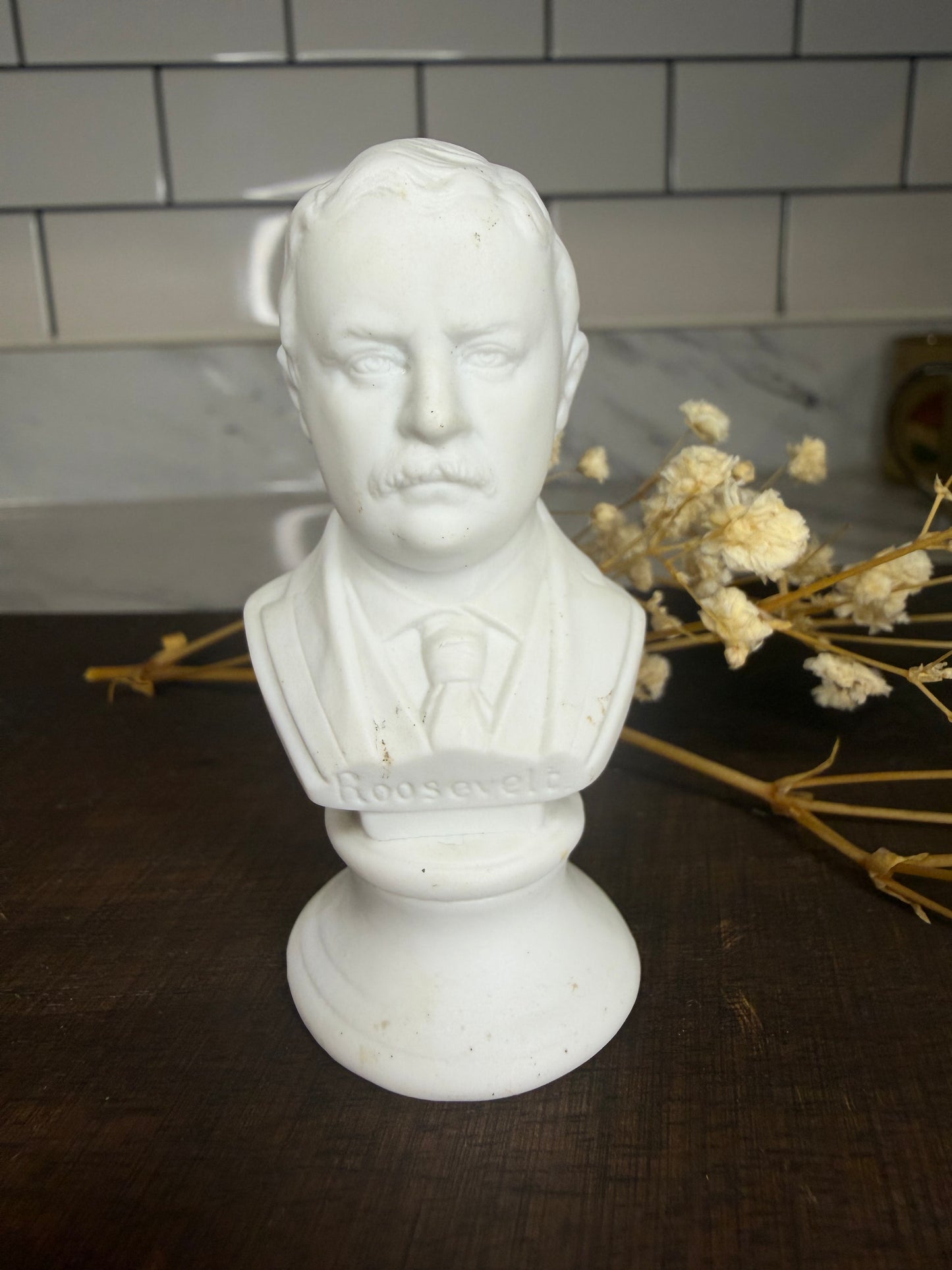 Miniature Vintage Theodore Roosevelt Mini Ceramic Bust – White Bisque Porcelain – 2.5” Presidential Figurine