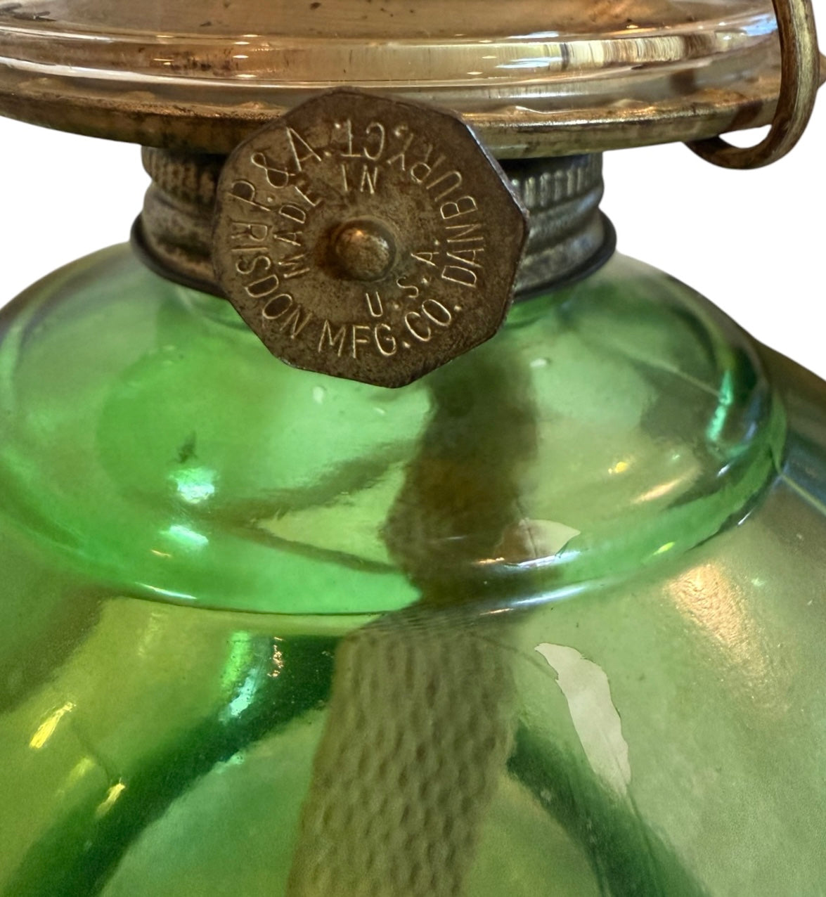 Flashed Green Glass Vintage Hurricane Oil Lamp with Etched Floral Chimney – 15.5”