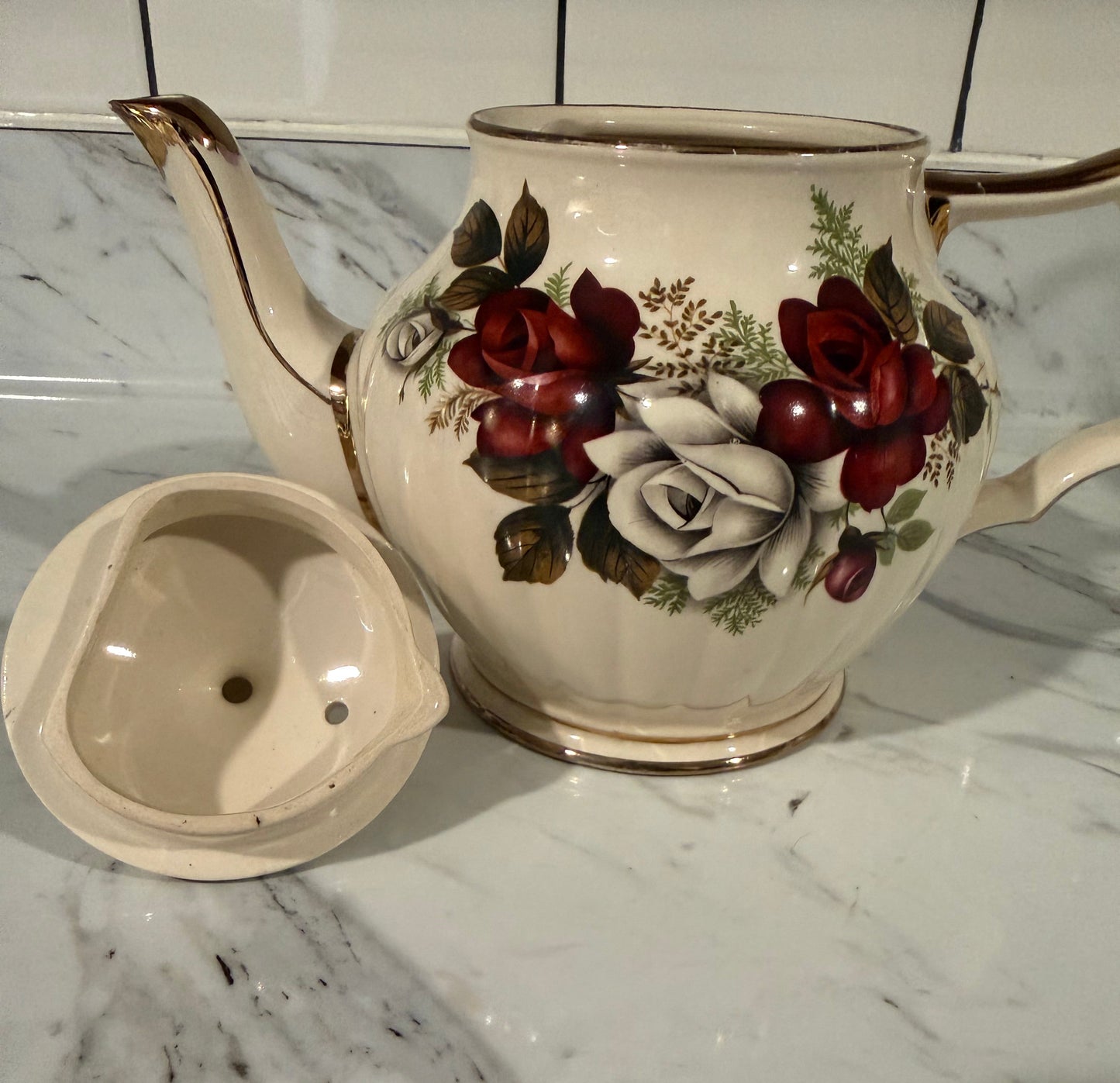 Vintage Sadler England Teapot – Cream with Soft Rose Pattern – Circa 1937