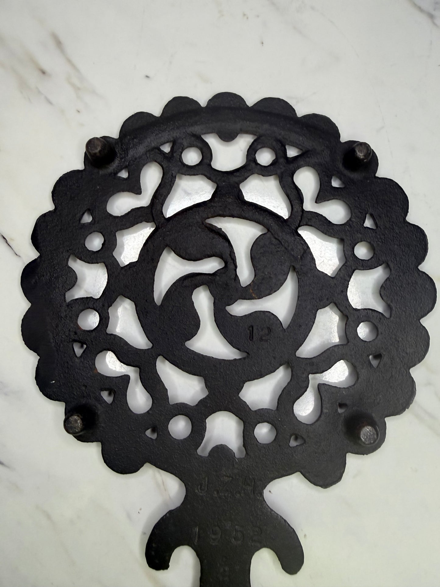 Vintage J.Z.H. Cast Iron Trivet (1952) – Heart & Spiral Design