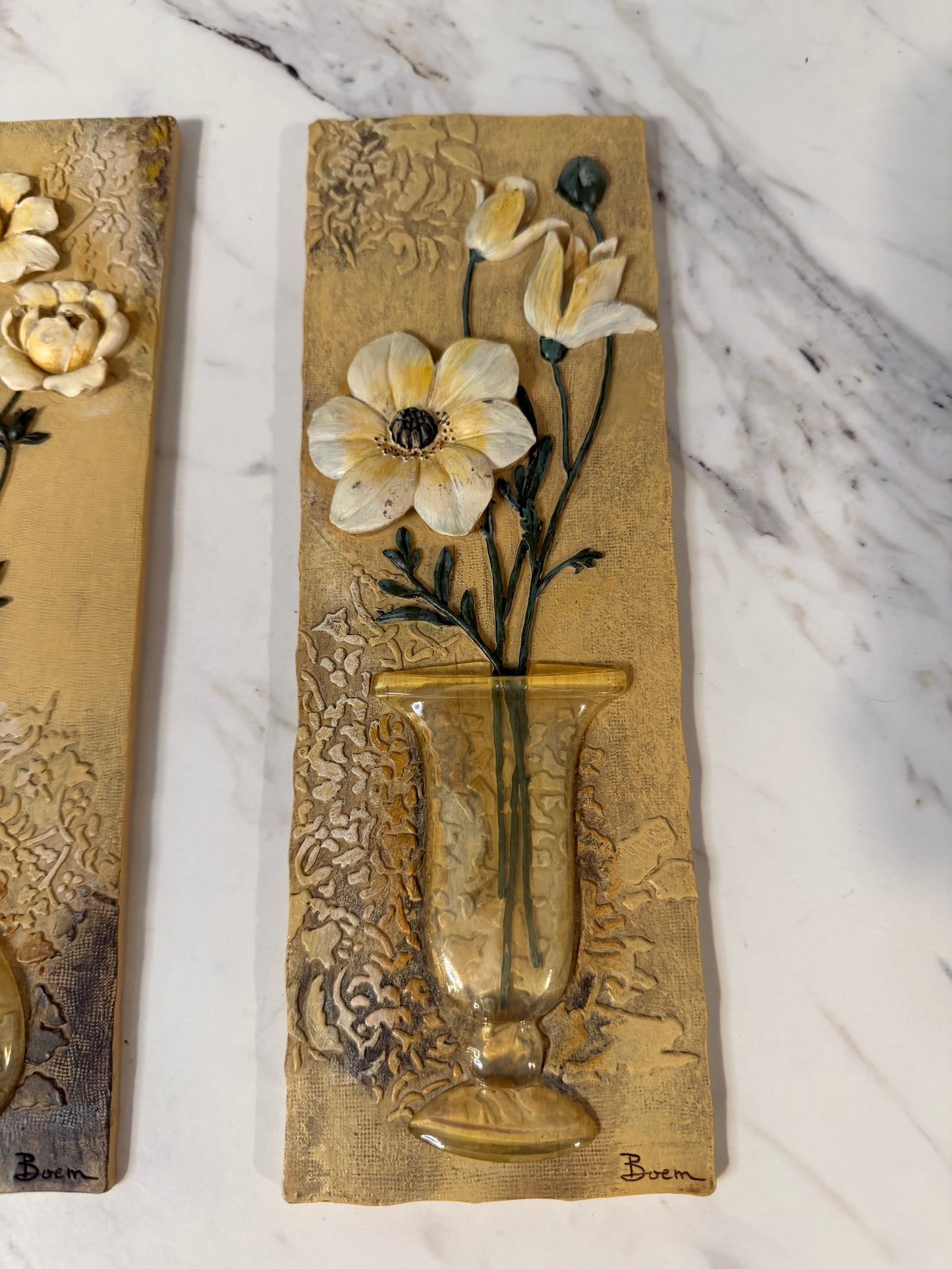 Set of Two Vintage Boem Signed 3D Floral Wall Art Plaques